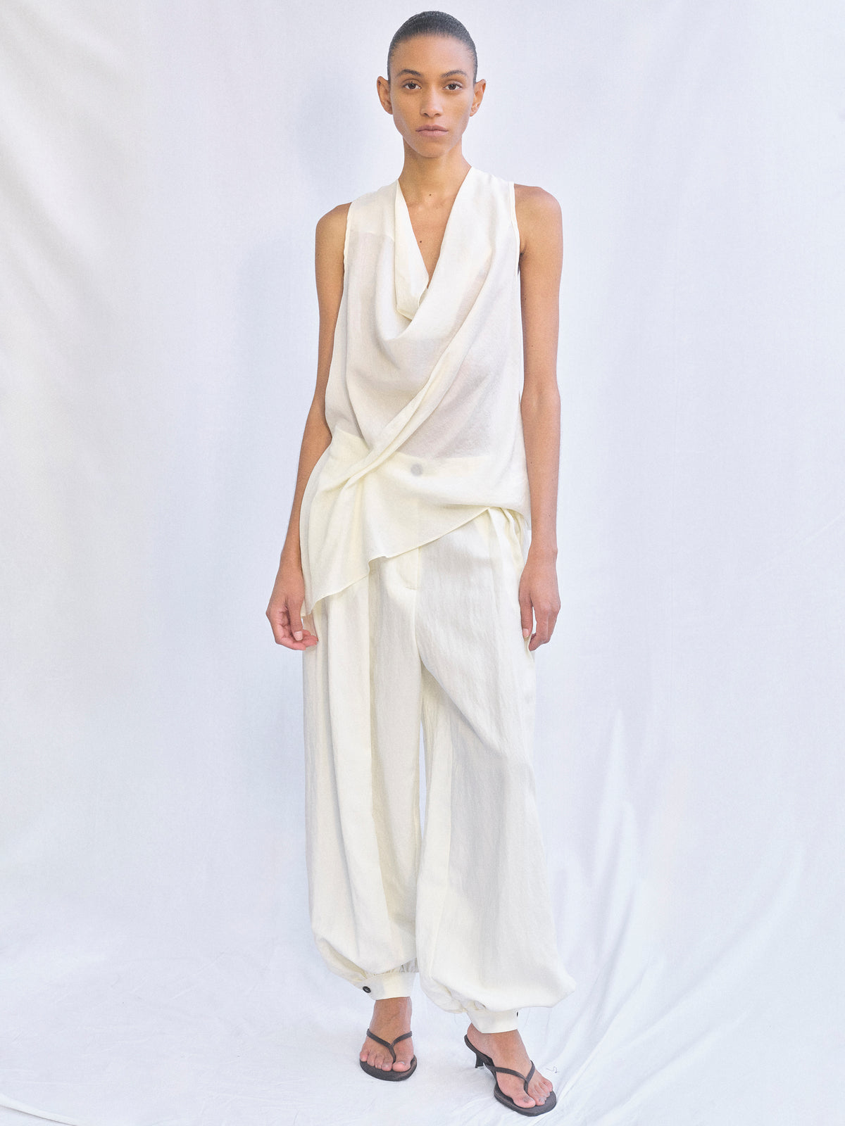 Tomi Asymmetrical Drape Satin Top, Ivory