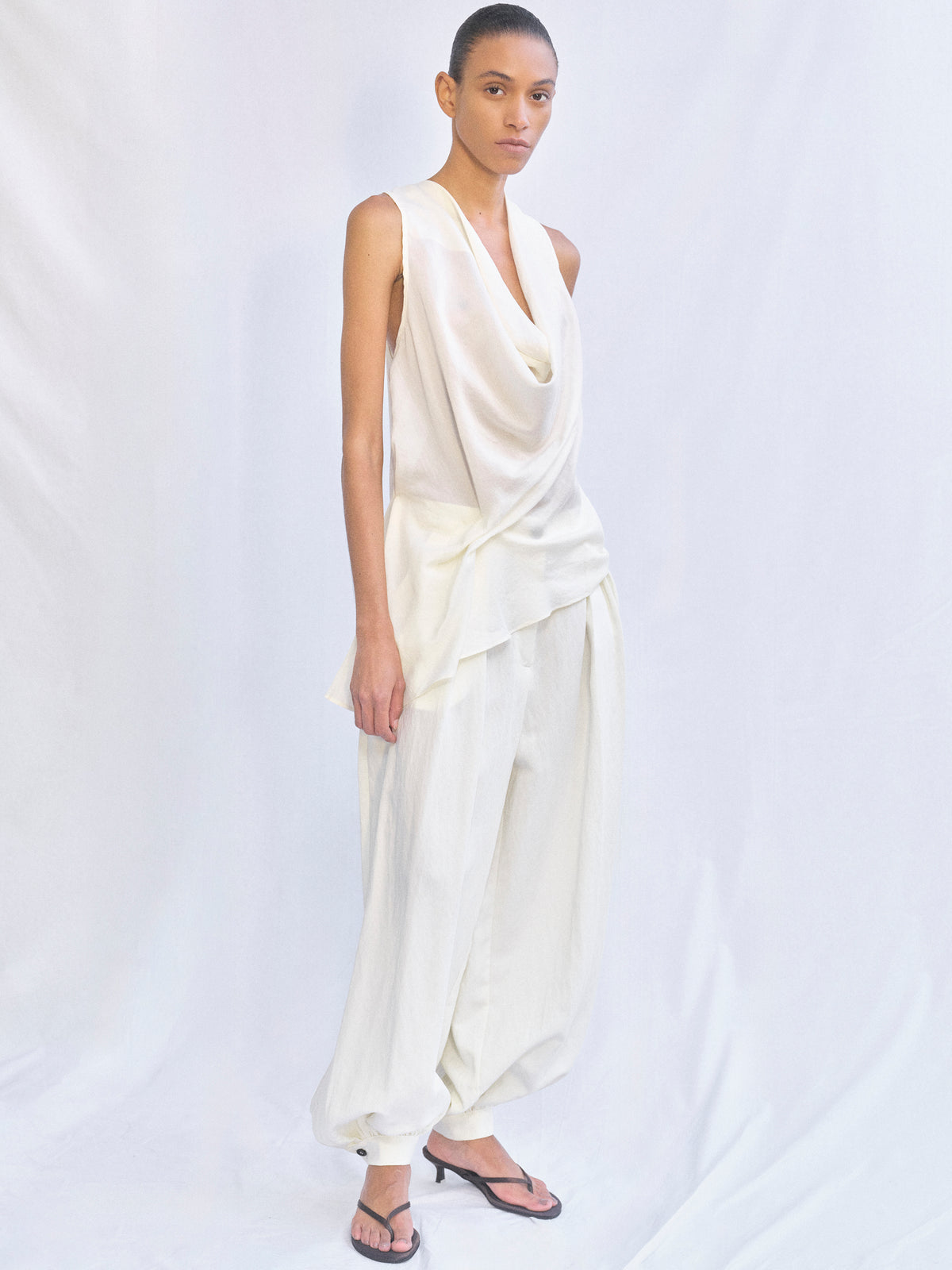 Tomi Asymmetrical Drape Satin Top, Ivory