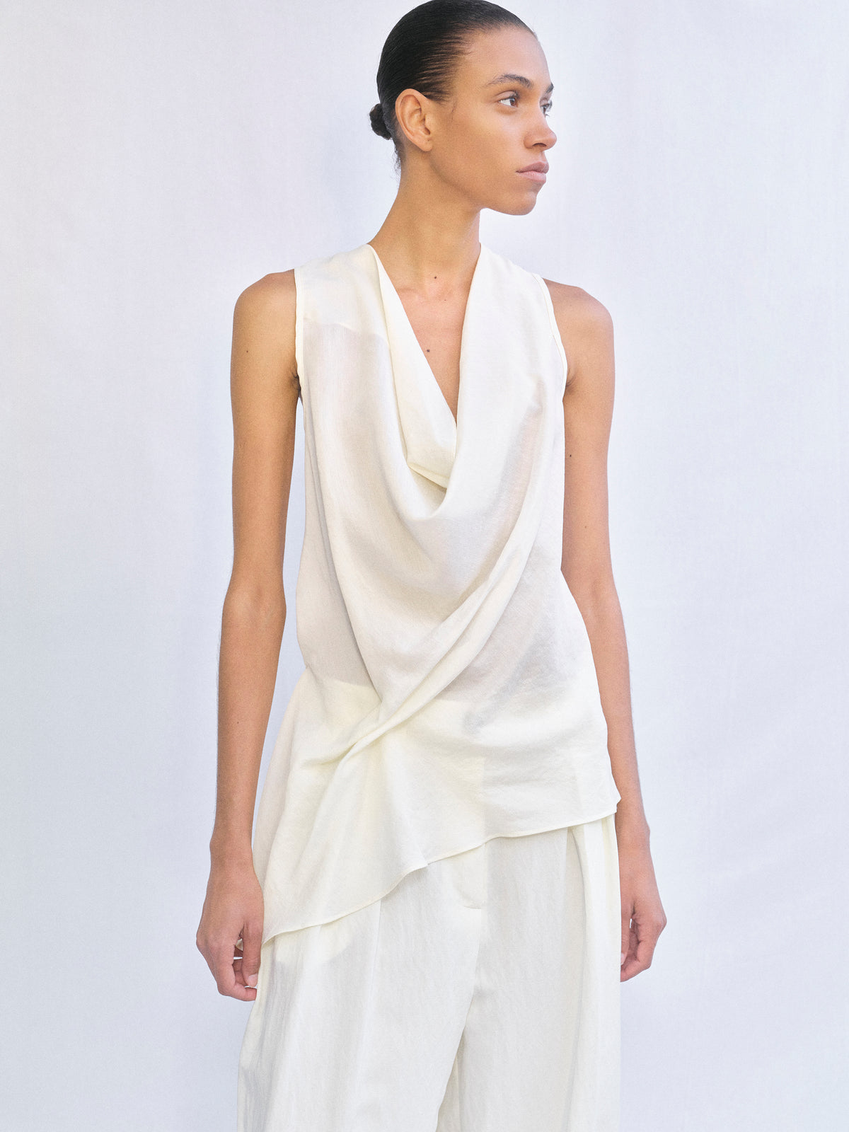 Tomi Asymmetrical Drape Satin Top, Ivory