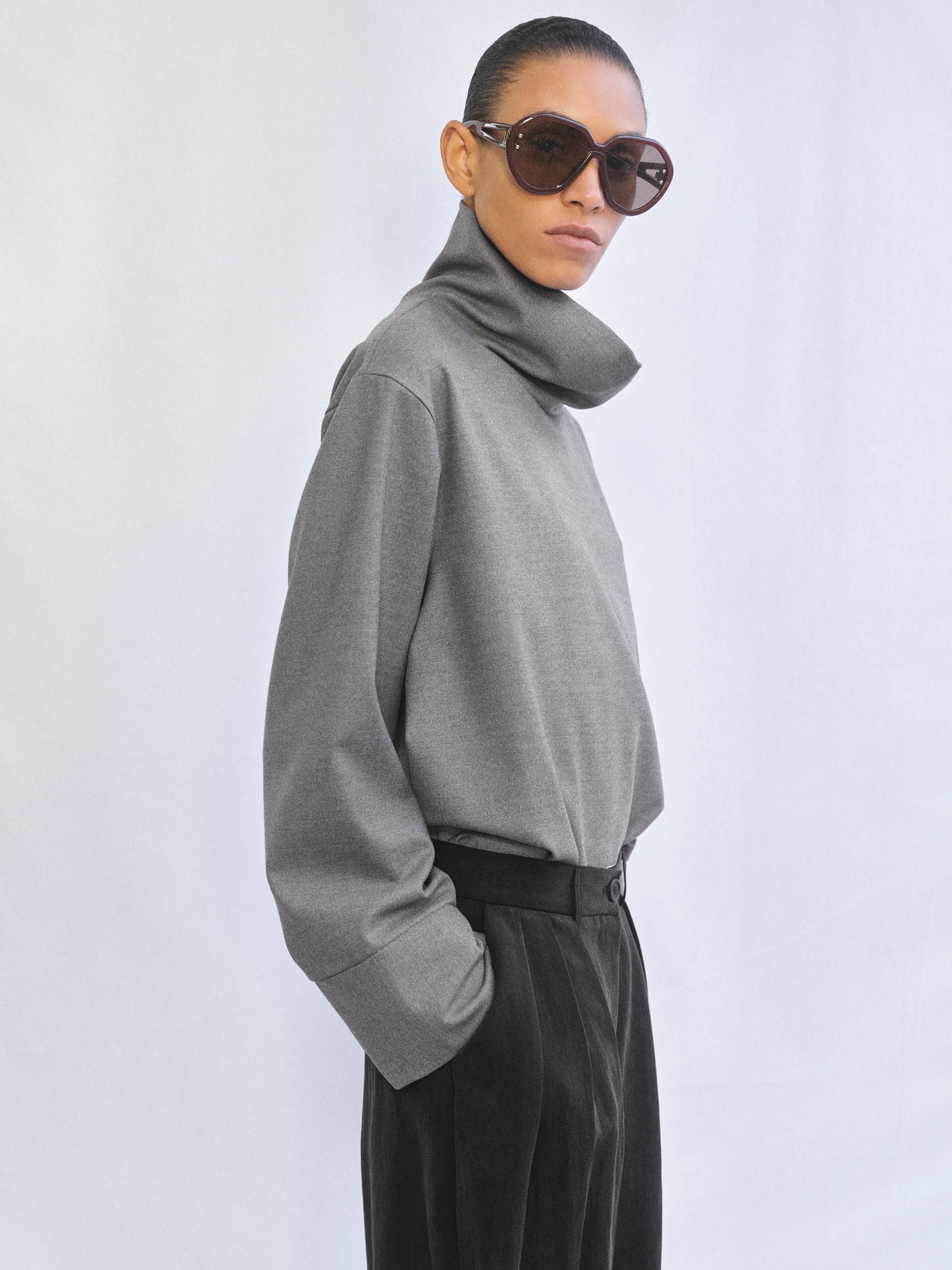 High-Neck Blouse, Grey