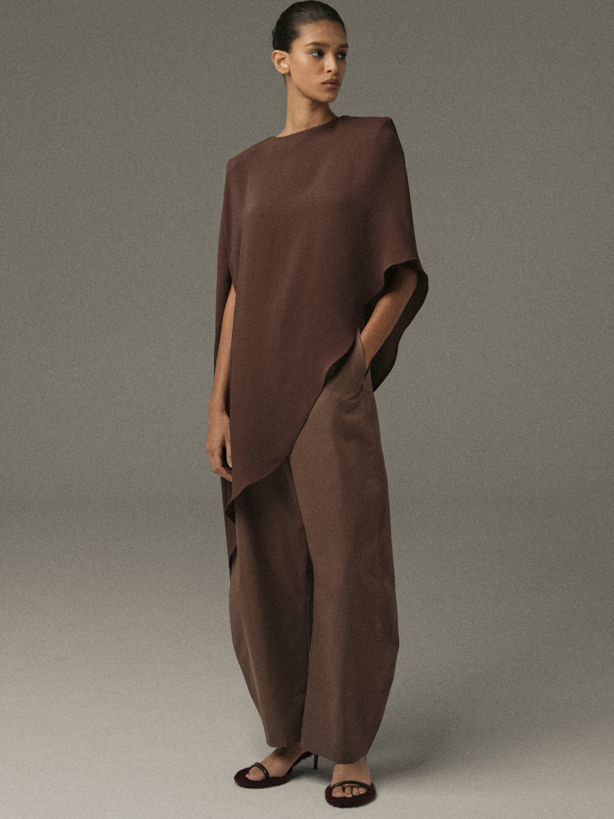 Amia Asymmetric Satin Blouse, Brown