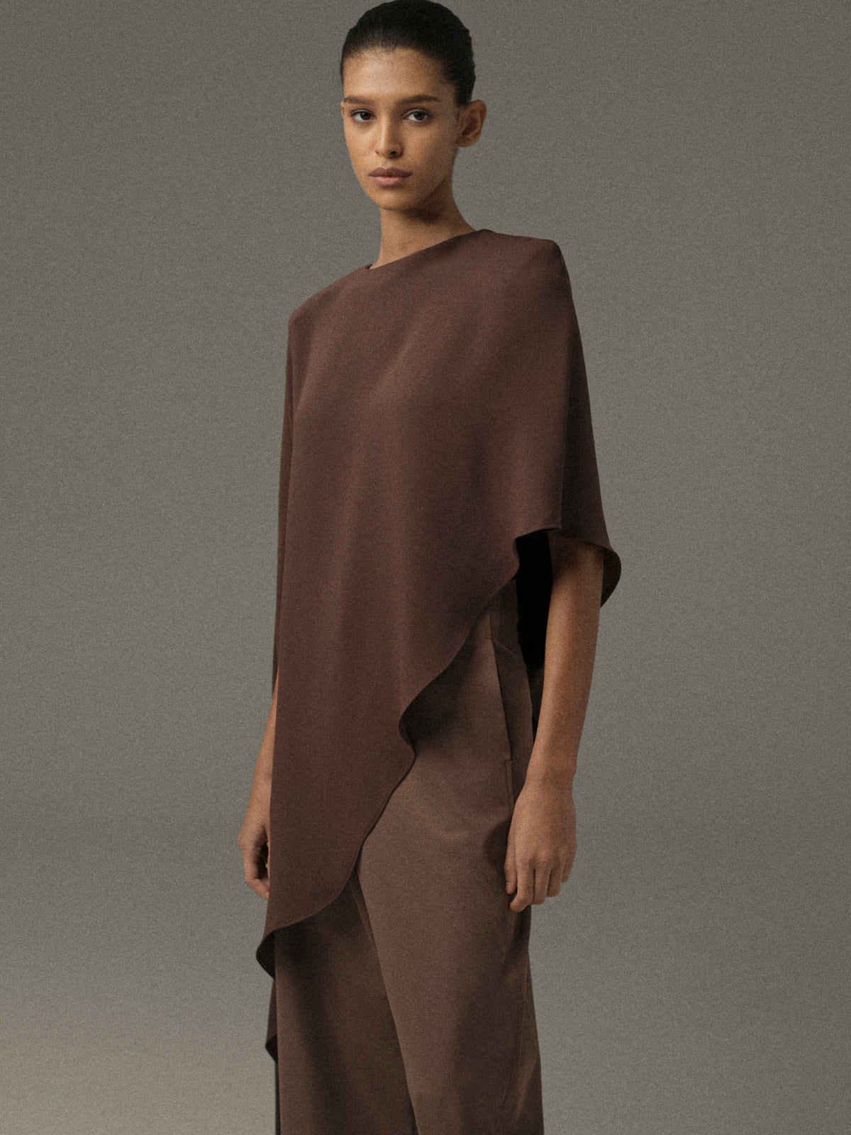 Amia Asymmetric Satin Blouse, Brown