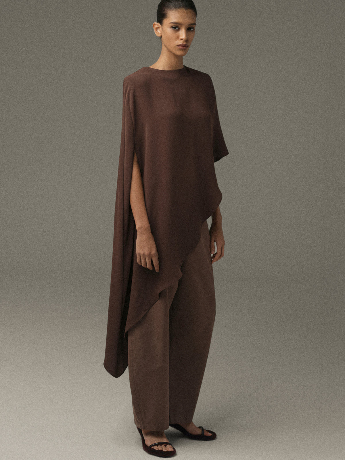 Amia Asymmetric Satin Blouse, Brown