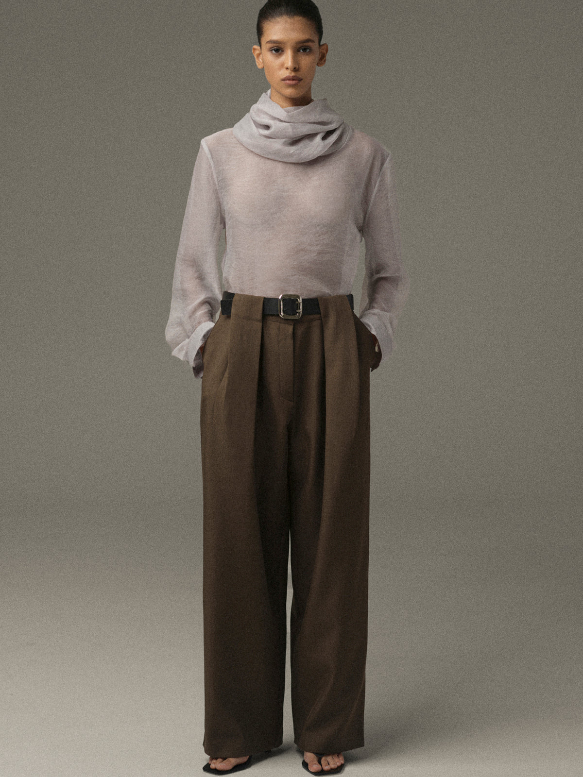 Matteo Belted Tuck Trousers, Brown