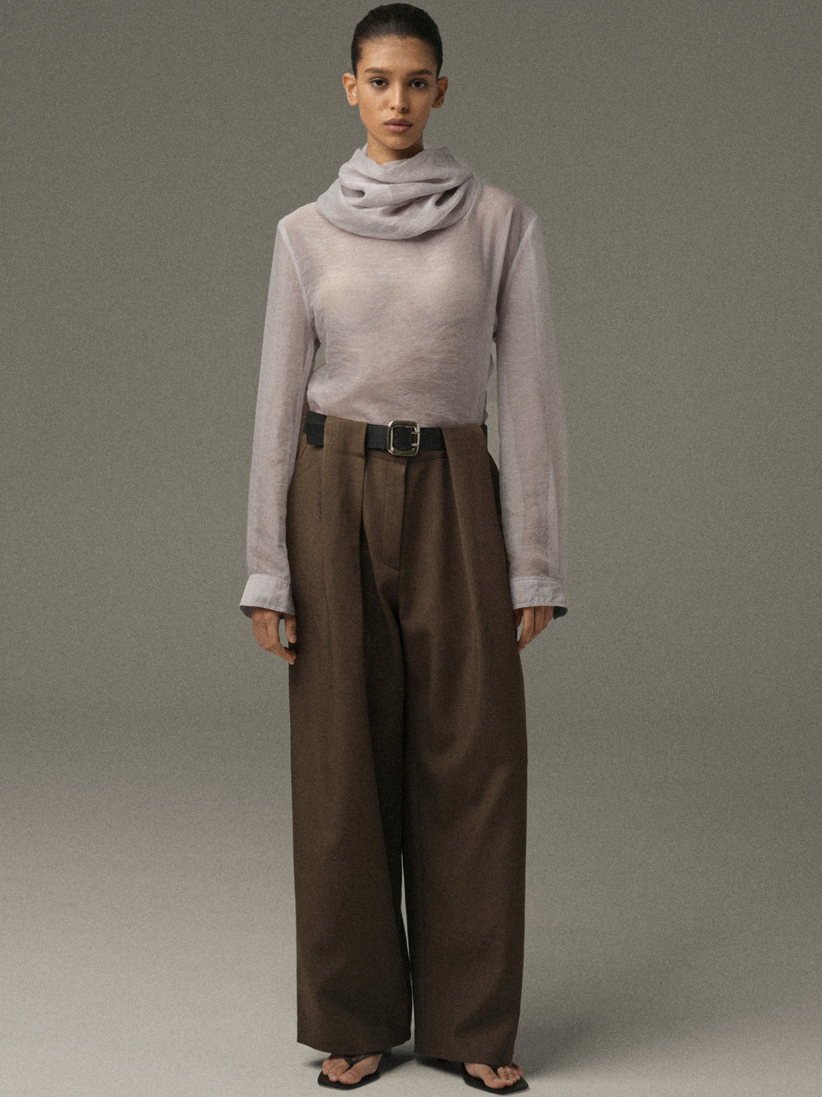 Rissa Roll-Neck Sheer Top, Grey