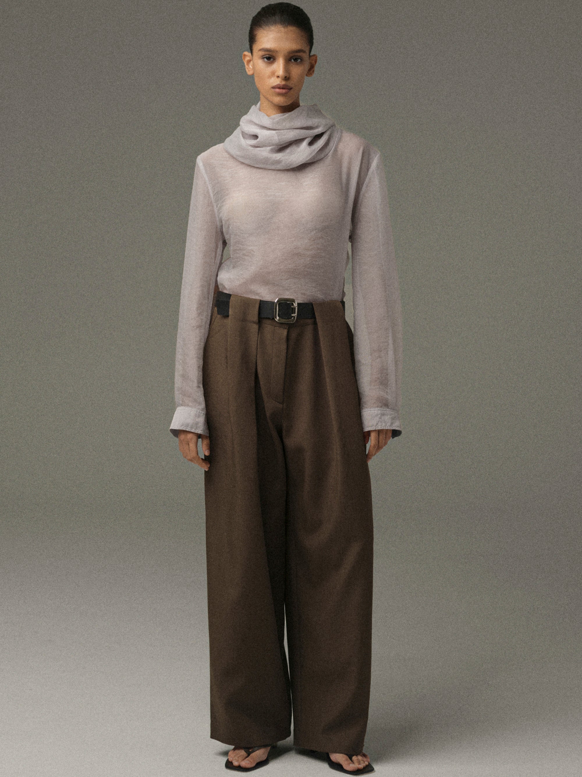 Rissa Roll-Neck Sheer Top, Grey