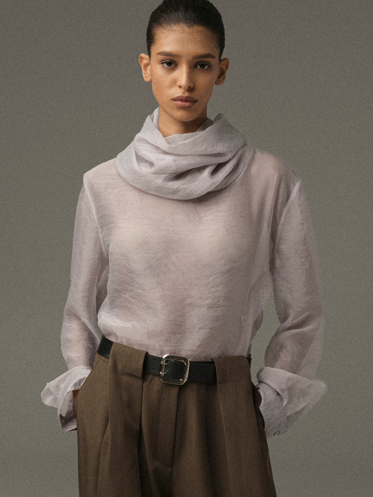 Rissa Roll-Neck Sheer Top, Grey