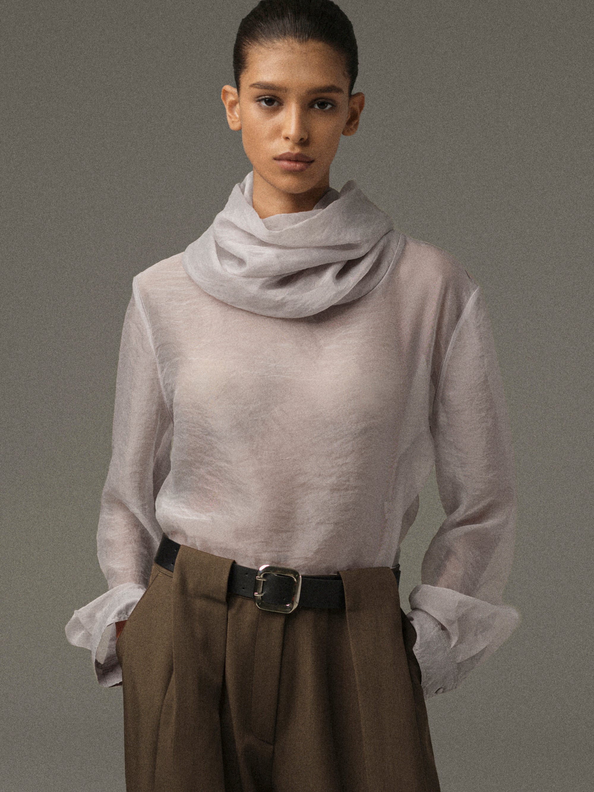 Rissa Roll-Neck Sheer Top, Grey