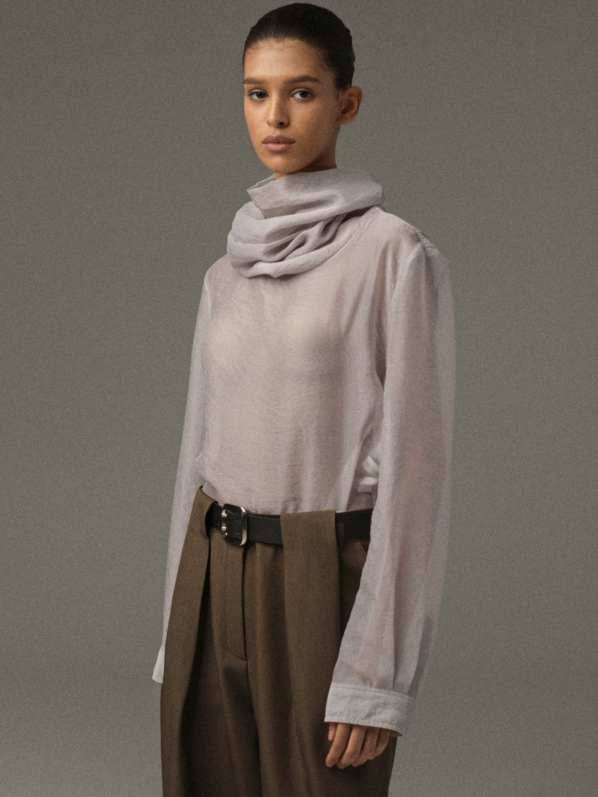 Rissa Roll-Neck Sheer Top, Grey