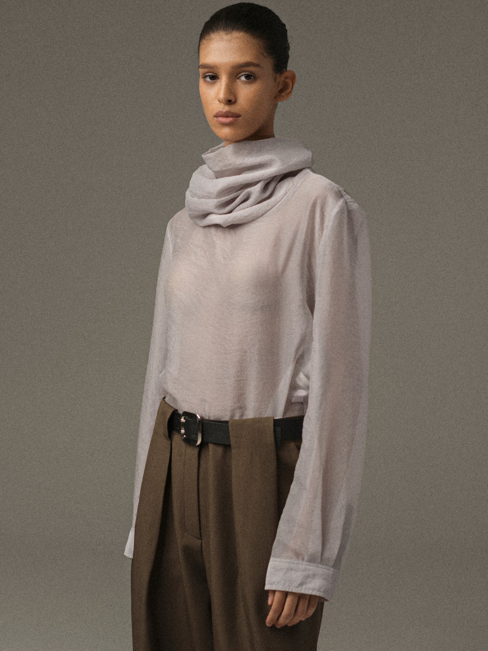Rissa Roll-Neck Sheer Top, Grey