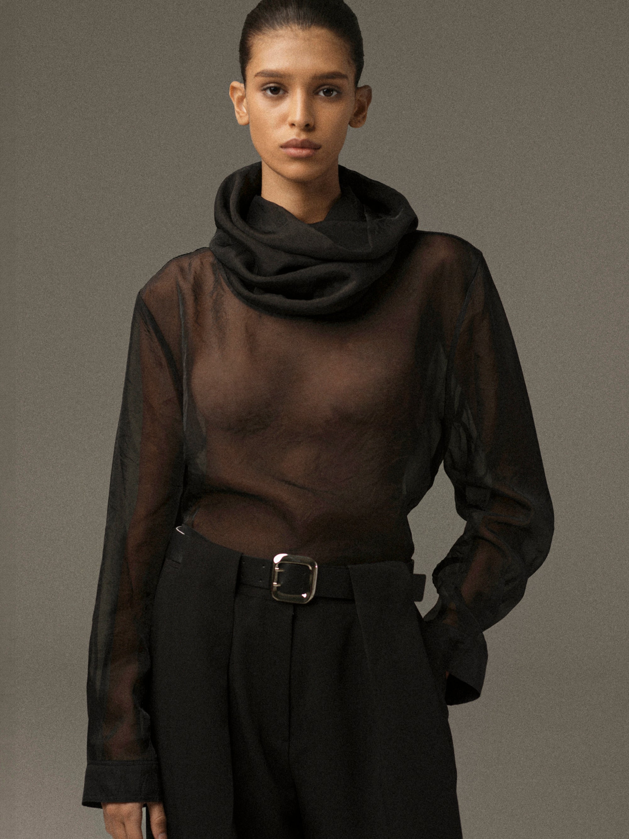 Rissa Roll-Neck Sheer Top, Black