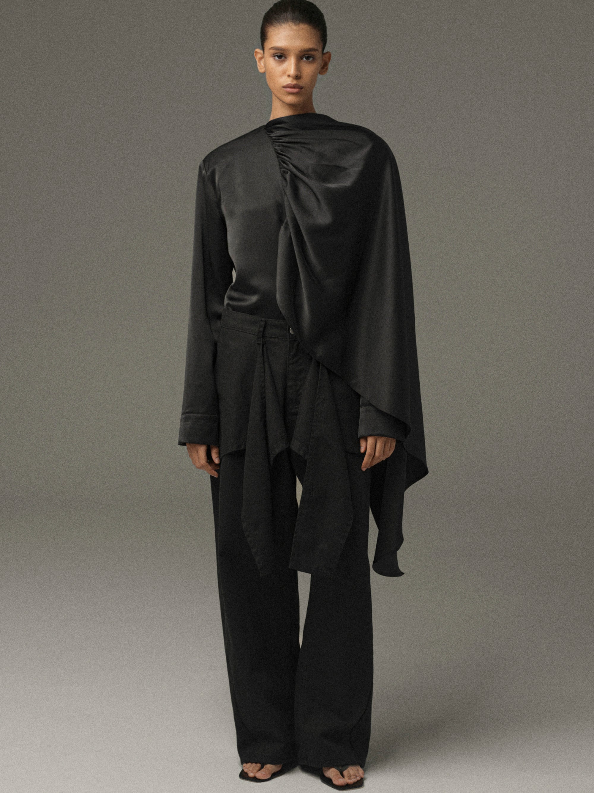Koa Scarf Satin Blouse, Black