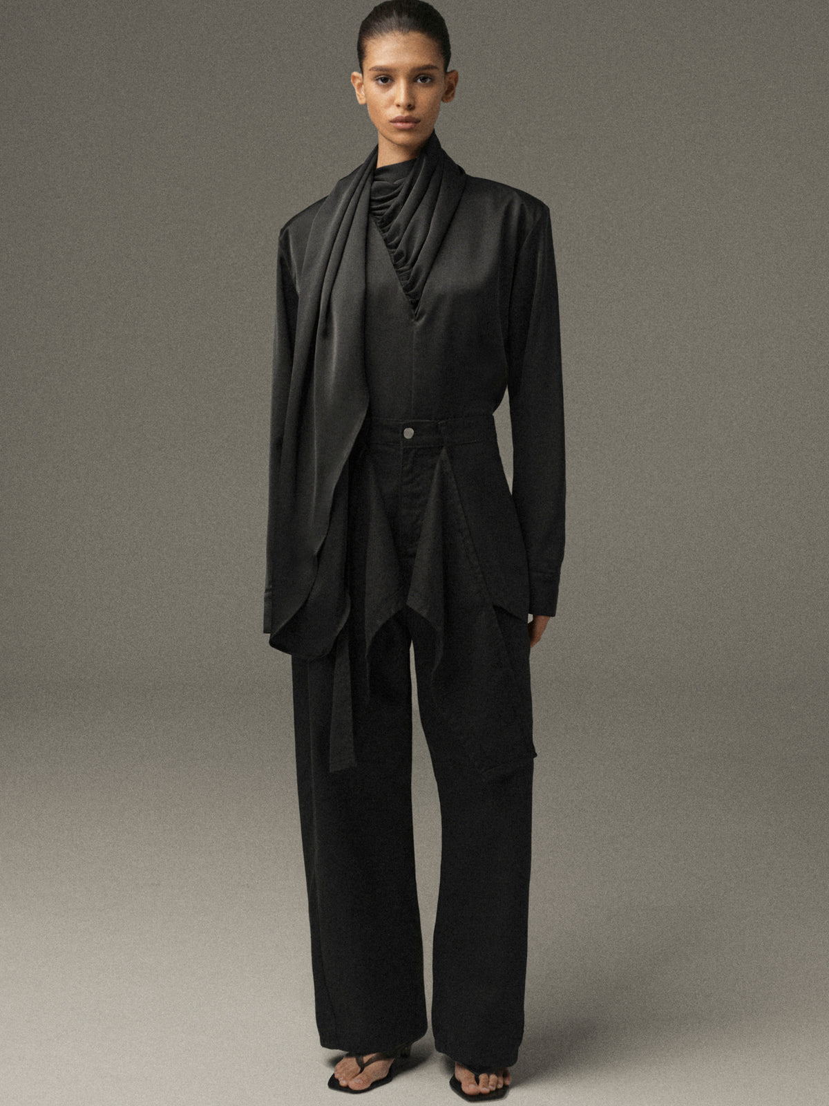 Koa Scarf Satin Blouse, Black