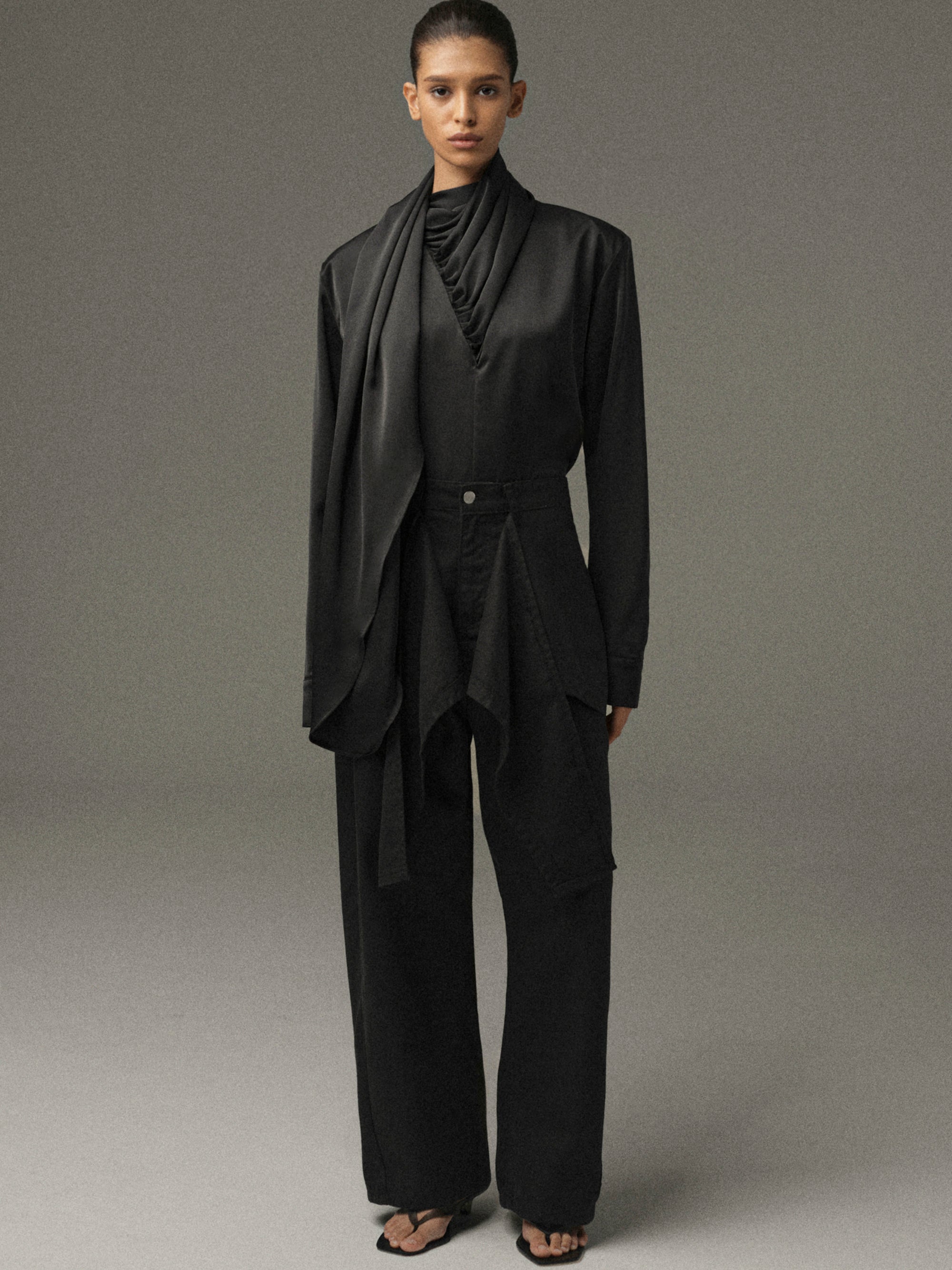 Koa Scarf Satin Blouse, Black