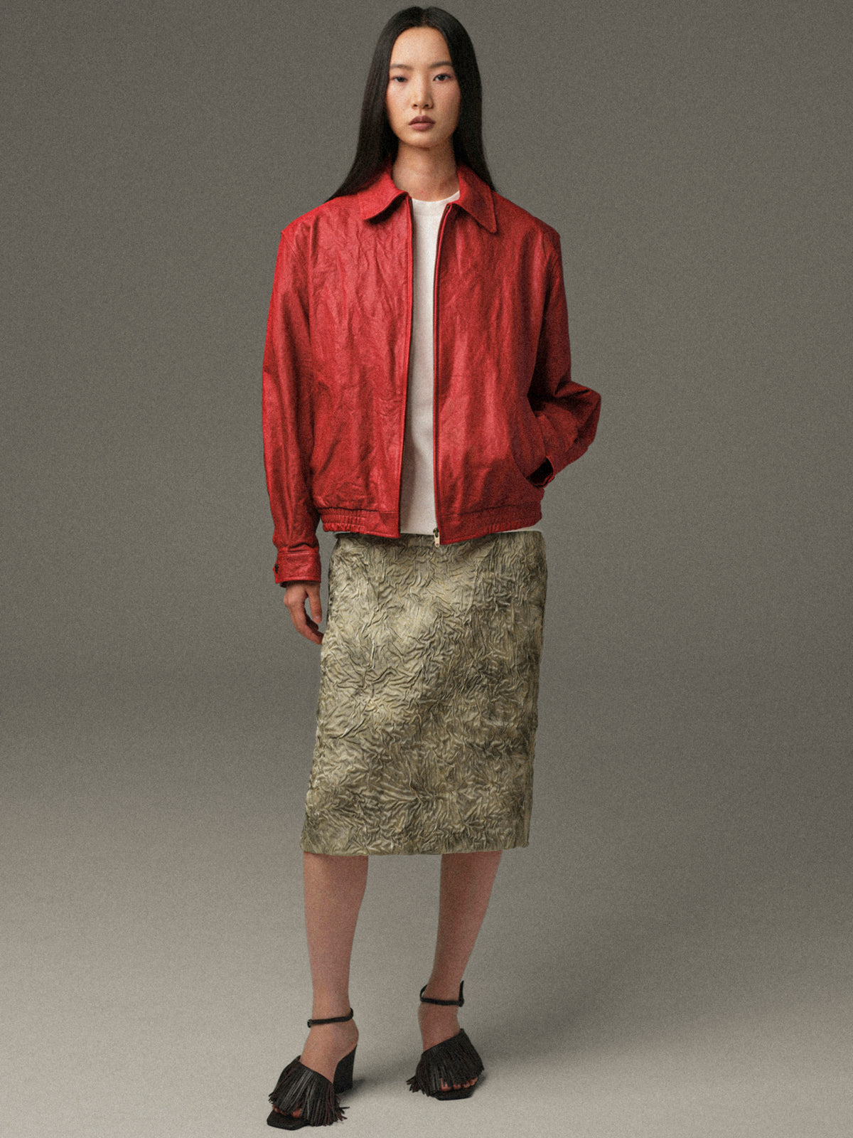 Rozi Crinkled Leather Jacket, Red