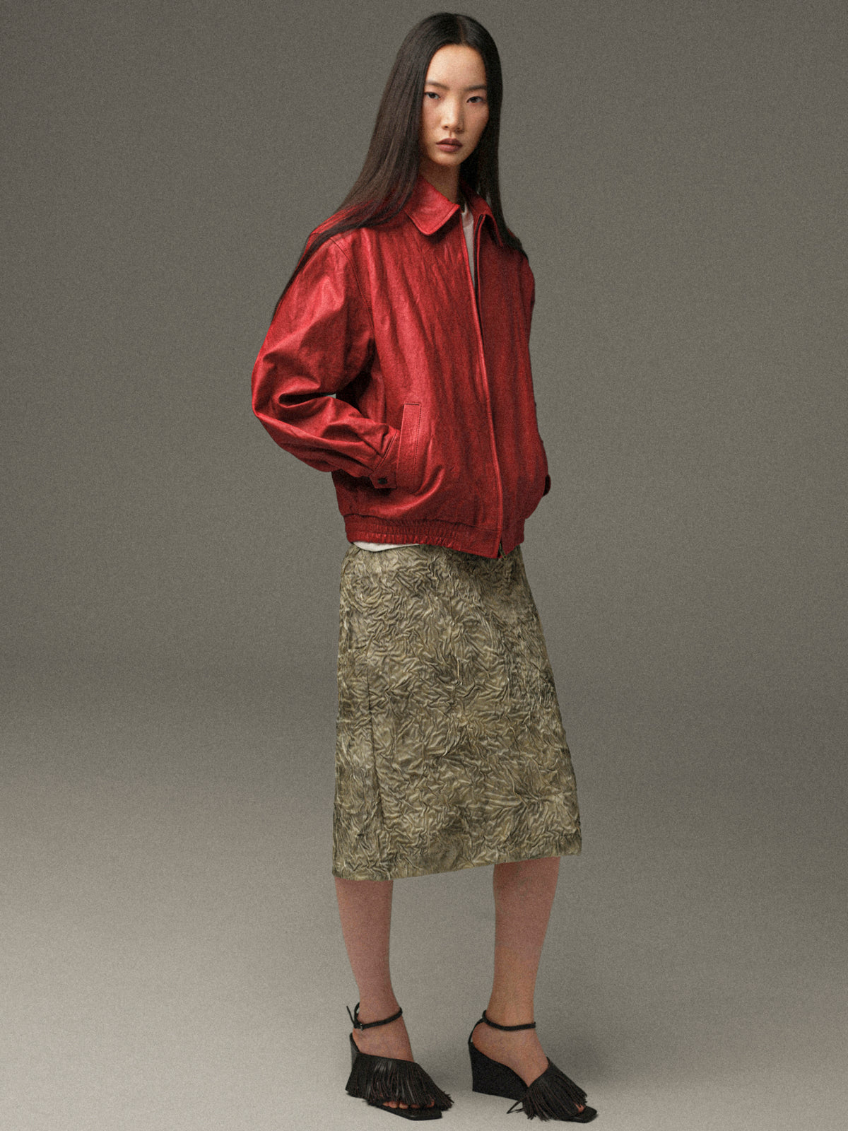 Rozi Crinkled Leather Jacket, Red