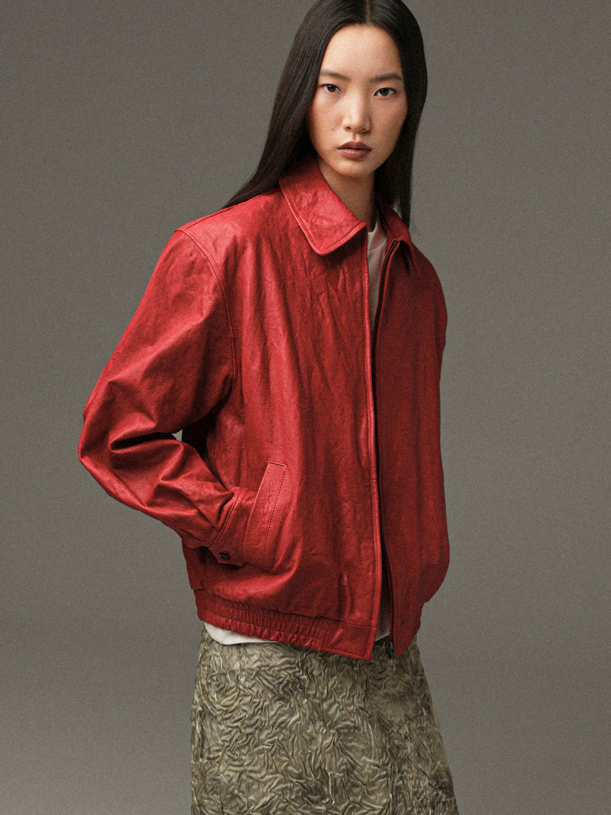 Rozi Crinkled Leather Jacket, Red