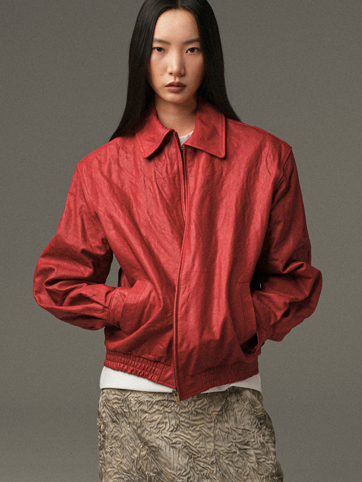 Rozi Crinkled Leather Jacket, Red