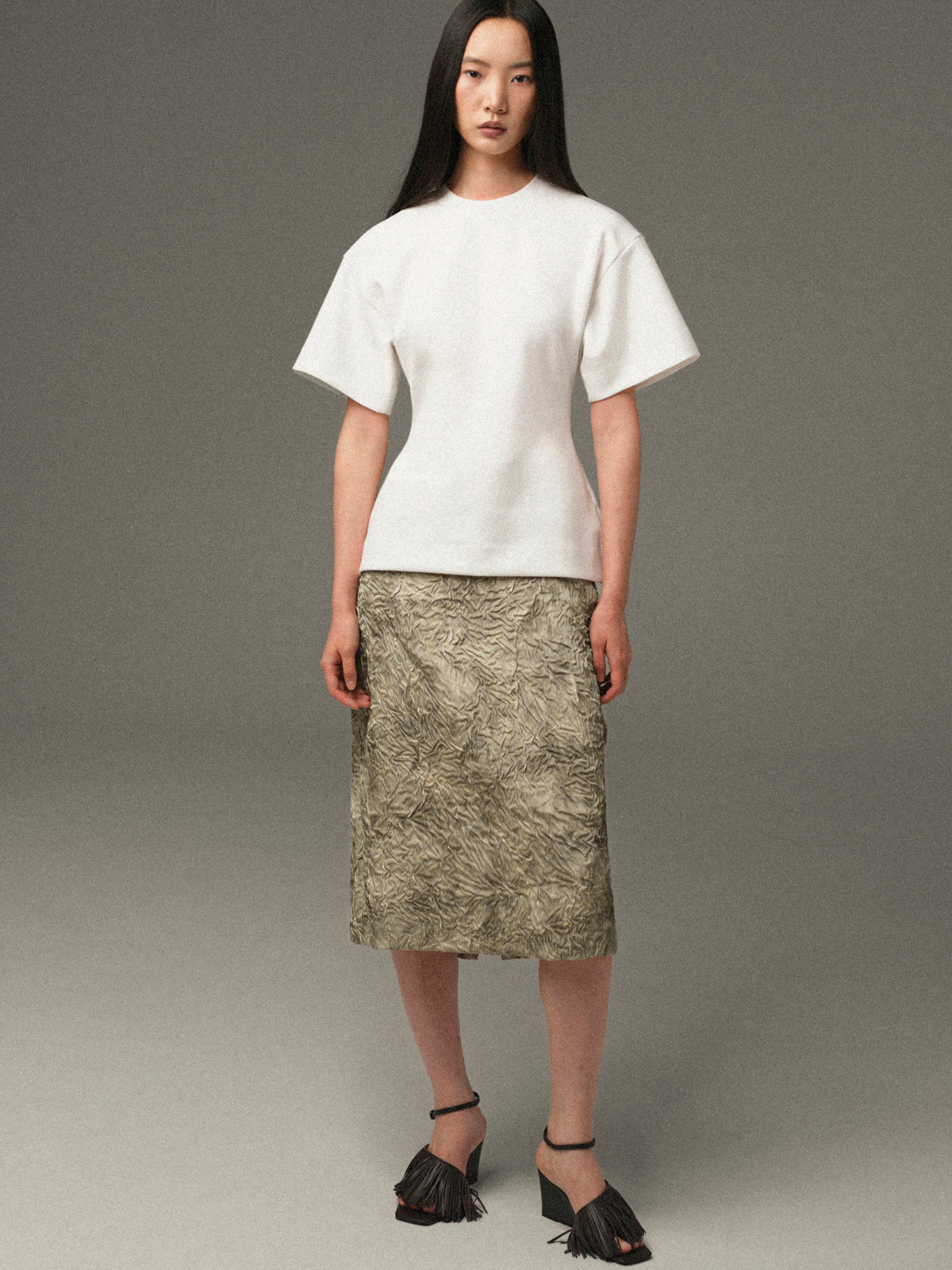 Dalia Crushed-Effect Skirt, Beige
