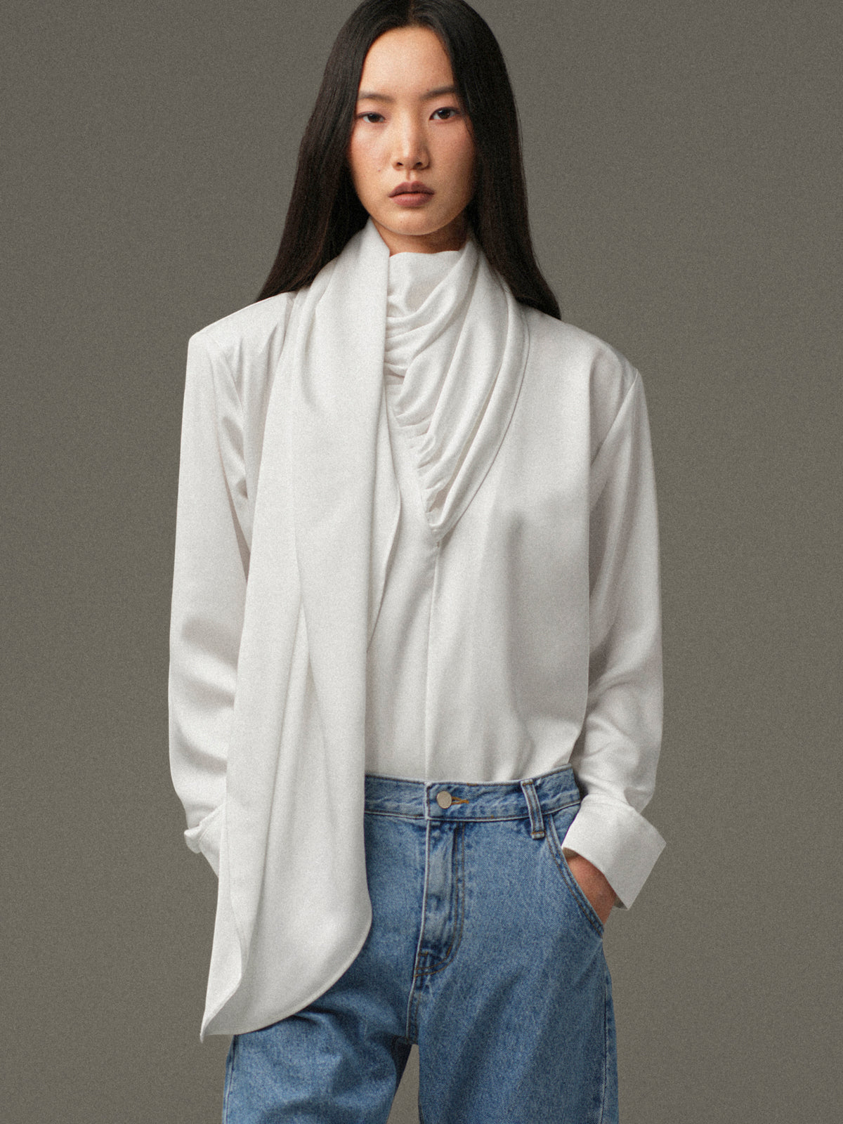 Koa Scarf Satin Blouse, White