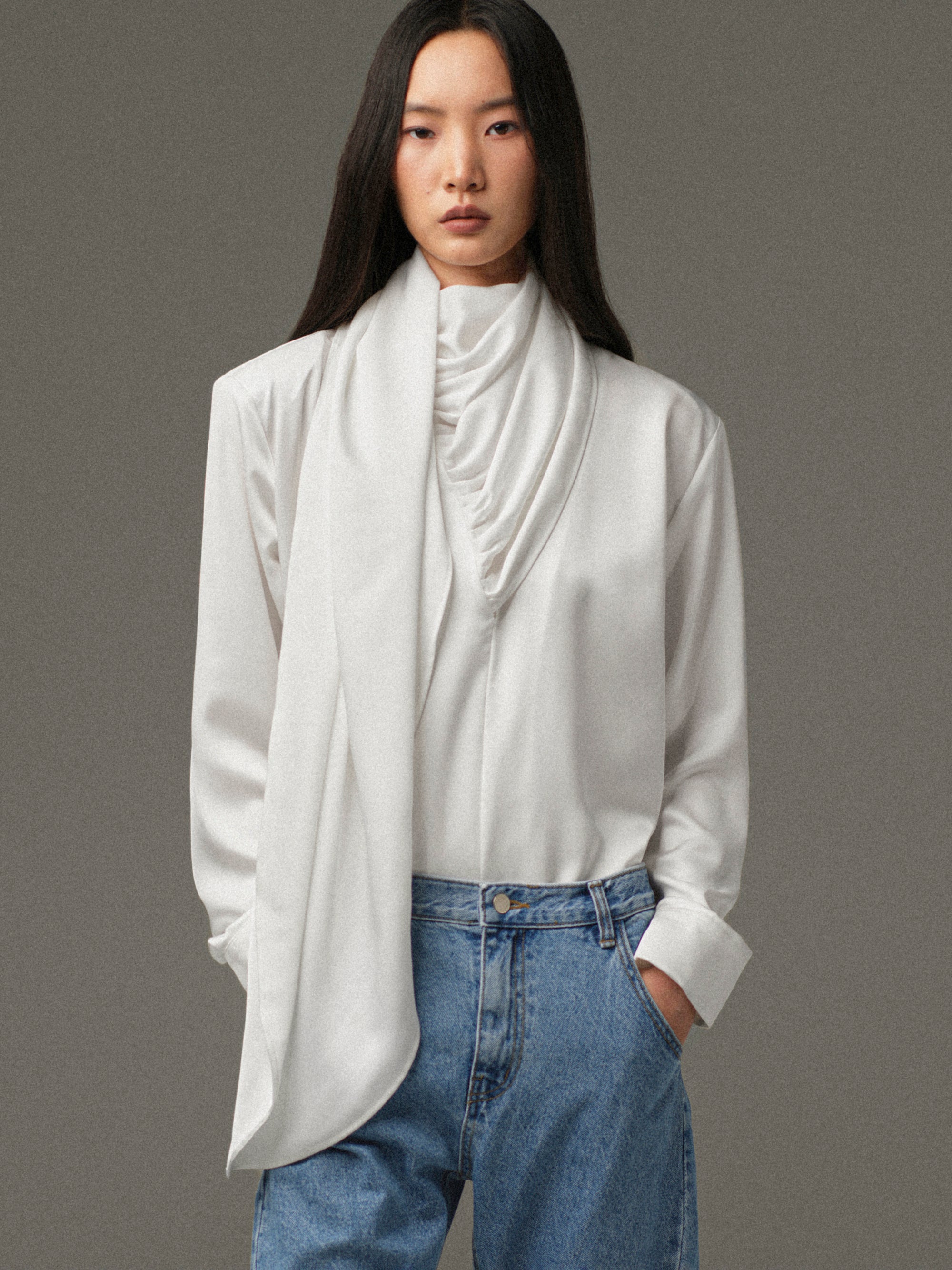 Koa Scarf Satin Blouse, White