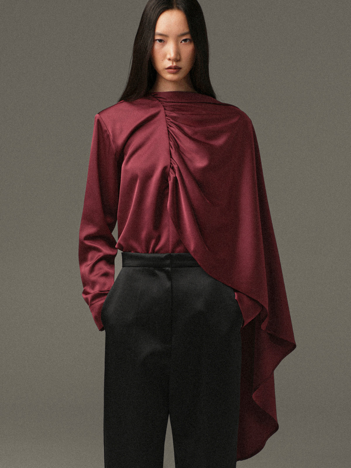 Koa Scarf Satin Blouse, Burgundy