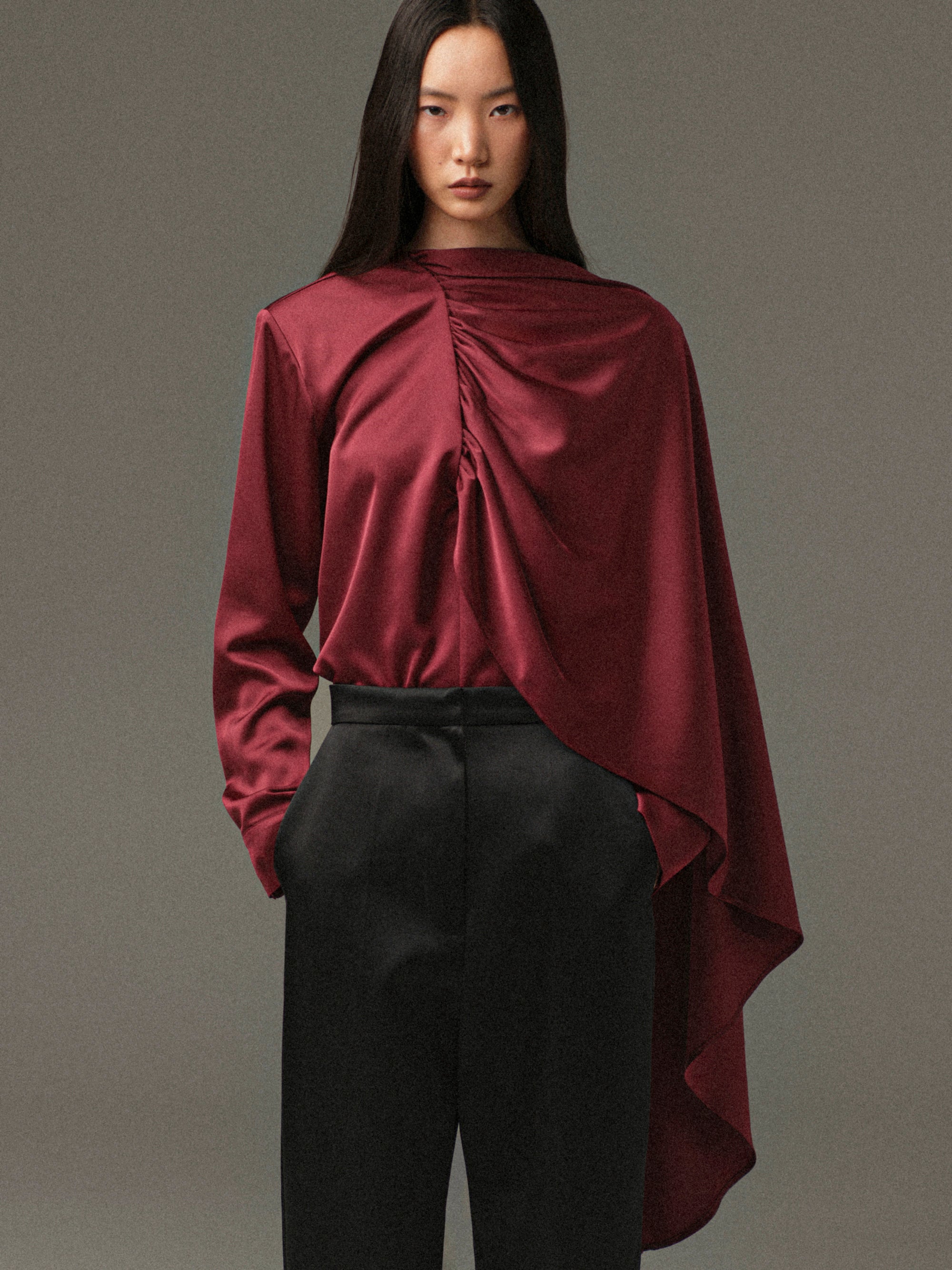 Koa Scarf Satin Blouse, Burgundy
