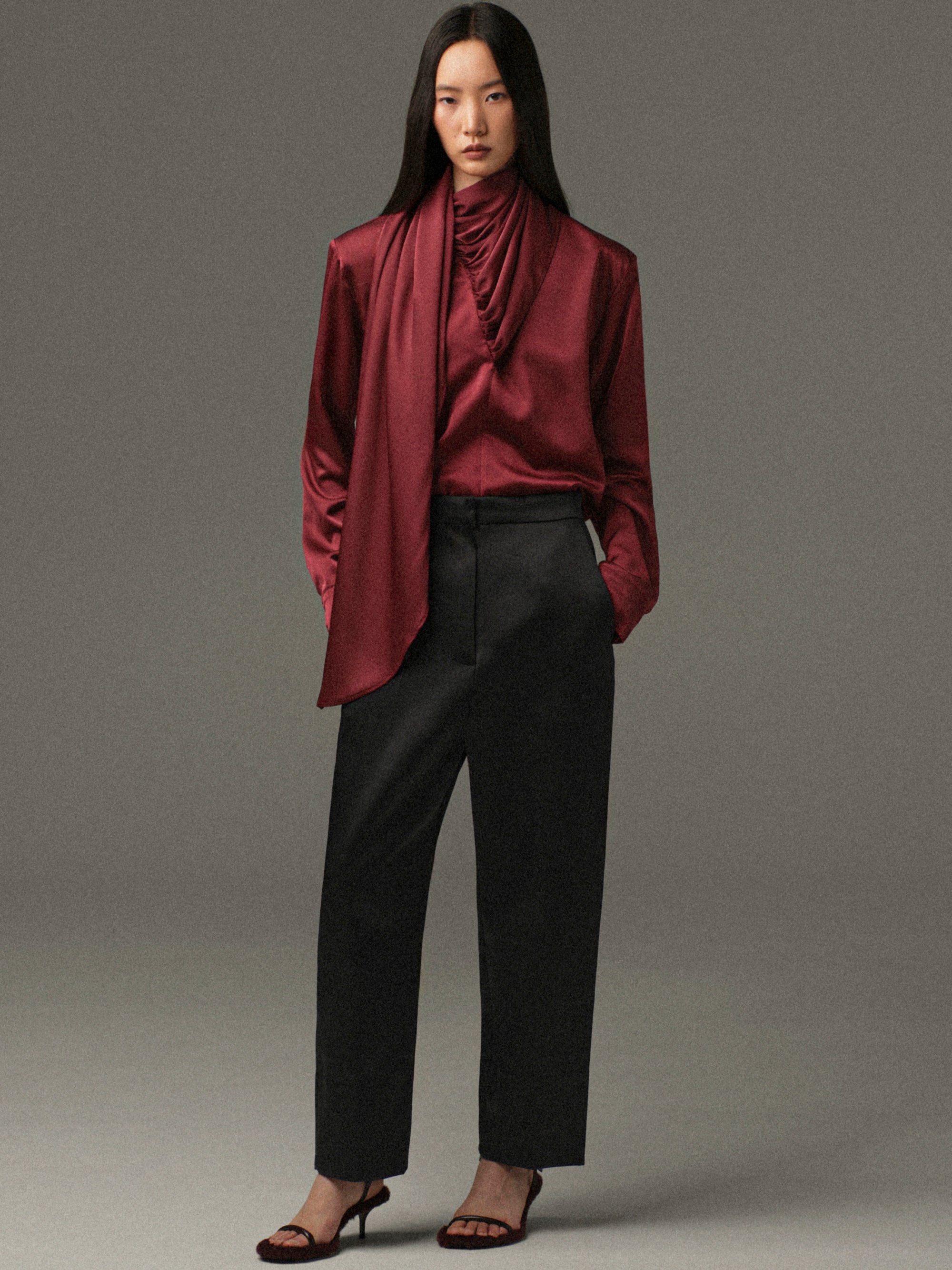 Koa Scarf Satin Blouse, Burgundy