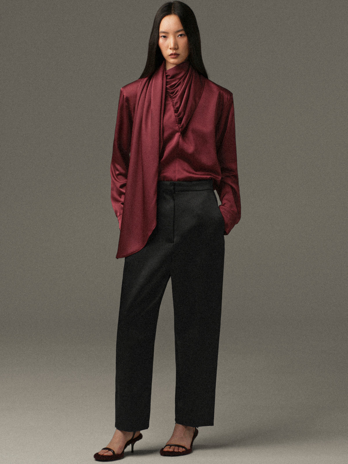 Koa Scarf Satin Blouse, Burgundy