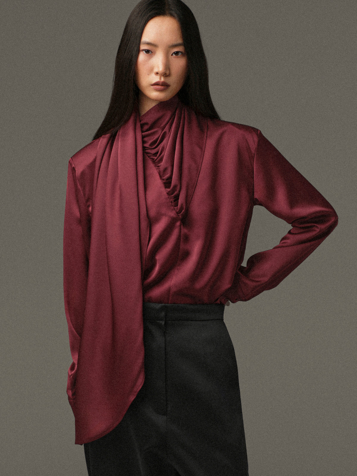 Koa Scarf Satin Blouse, Burgundy