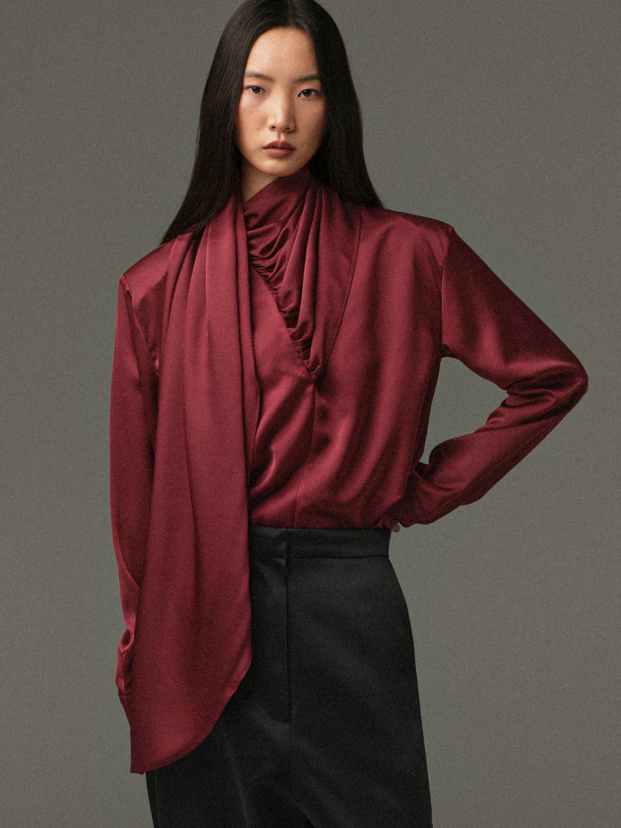 Koa Scarf Satin Blouse, Burgundy