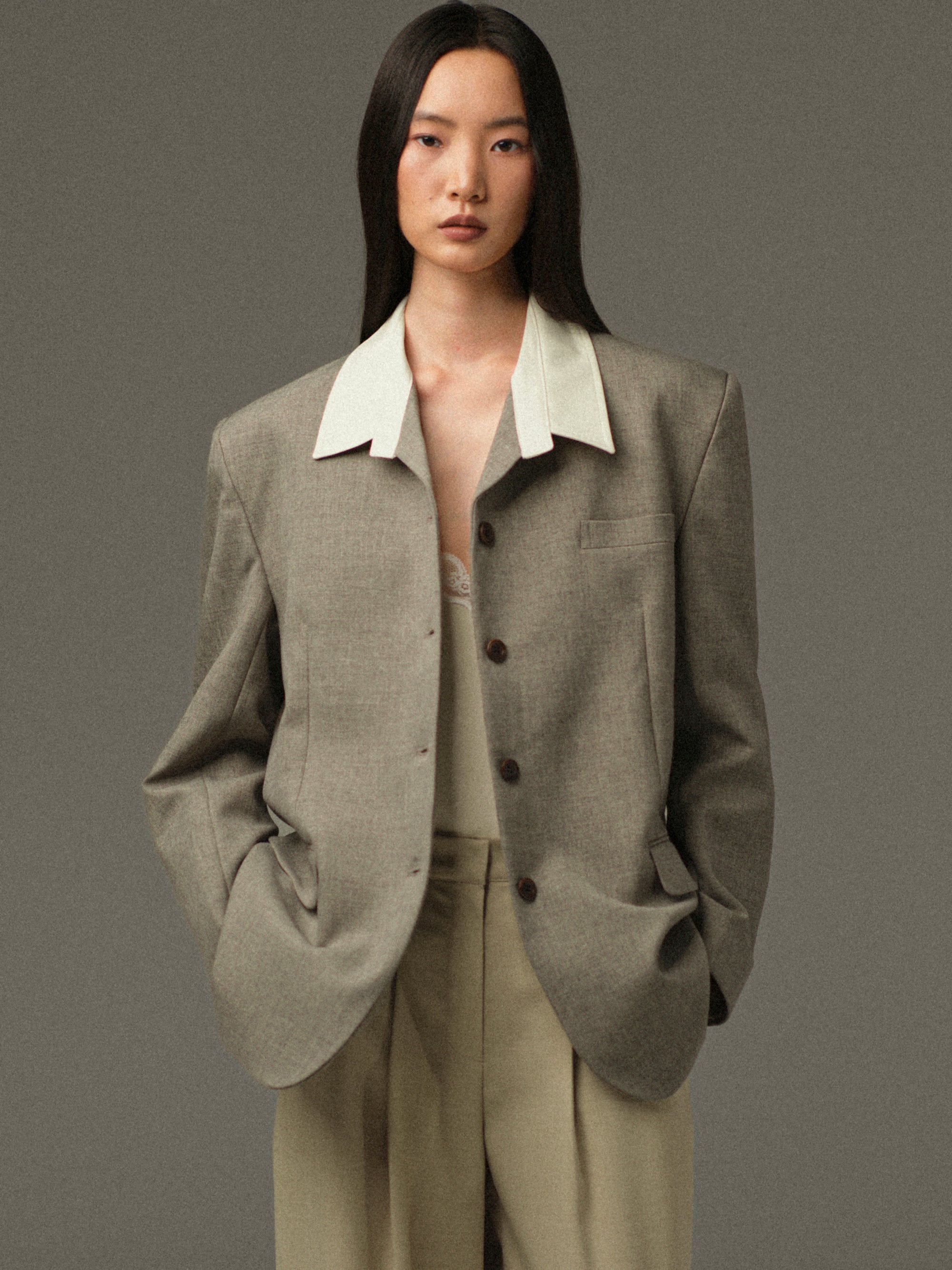 Suki Shirt Collar Blazer, Grey