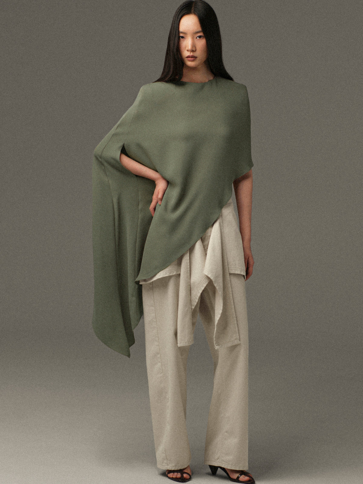 Amia Asymmetric Satin Blouse, Khaki