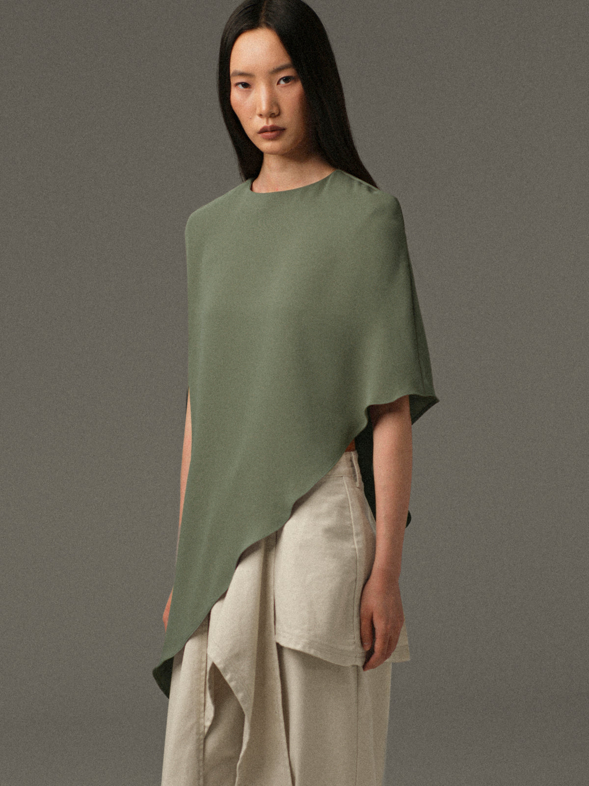 Amia Asymmetric Satin Blouse, Khaki
