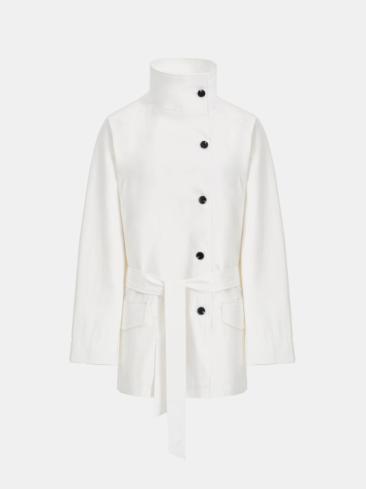 Ina High-Collar Belted Short Coat, White
