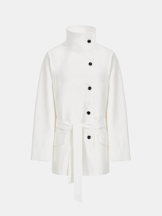 Ina High-Collar Belted Short Coat, White