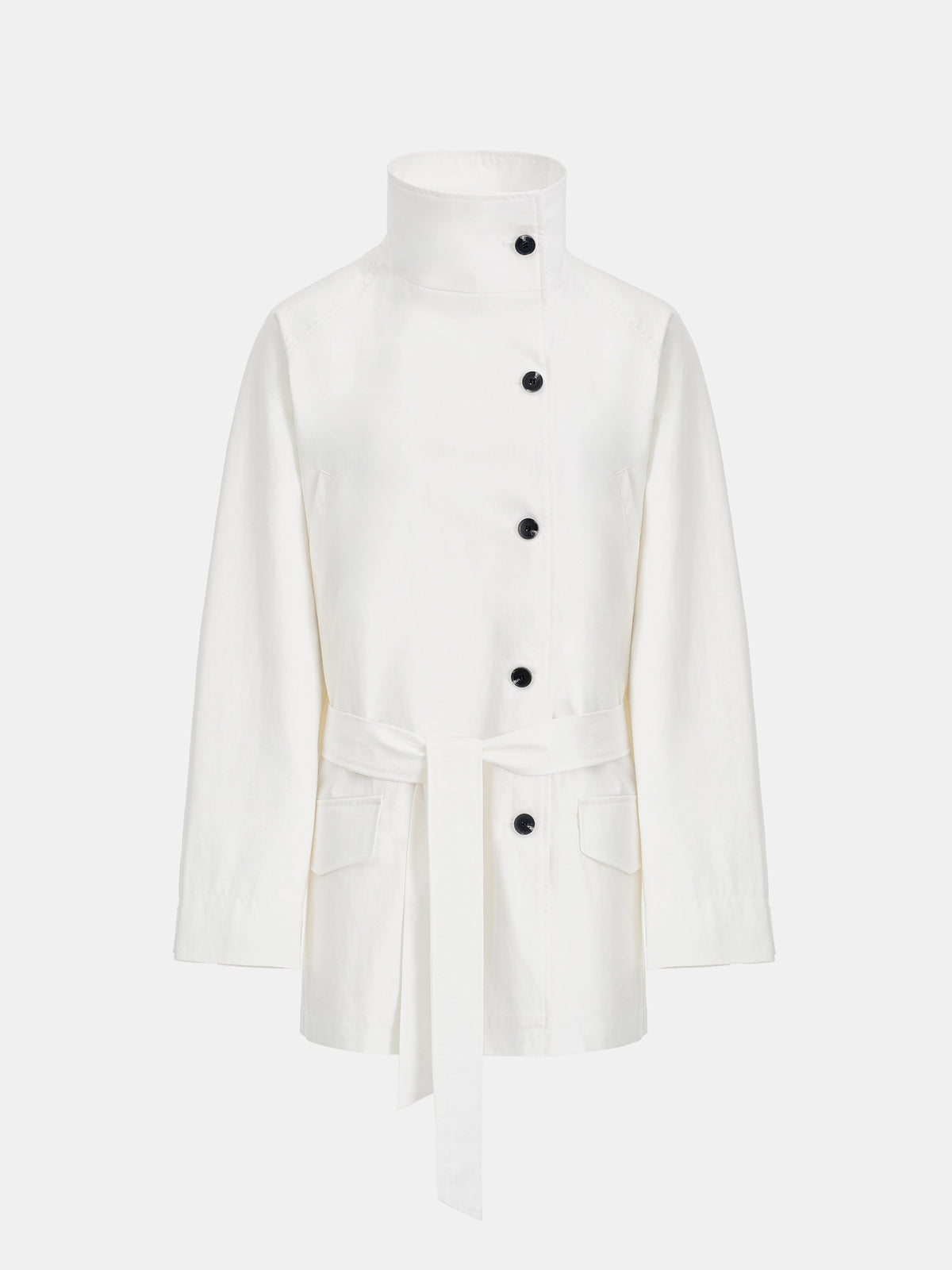 Ina High-Collar Belted Short Coat, White