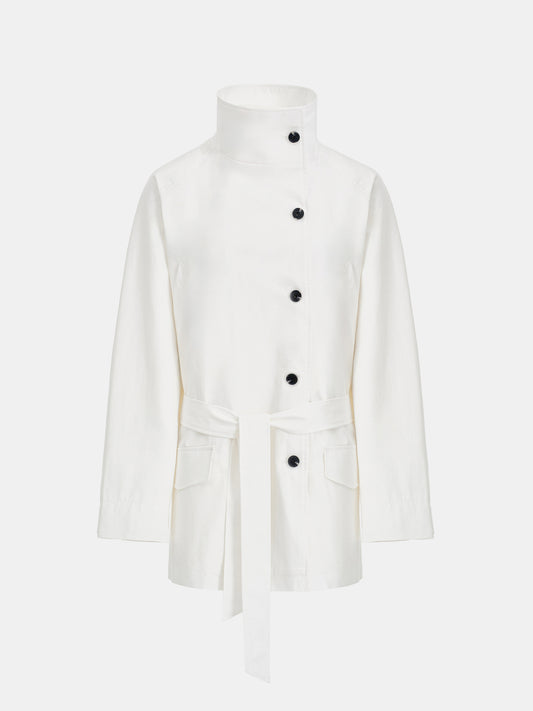 Ina High-Collar Belted Short Coat, White