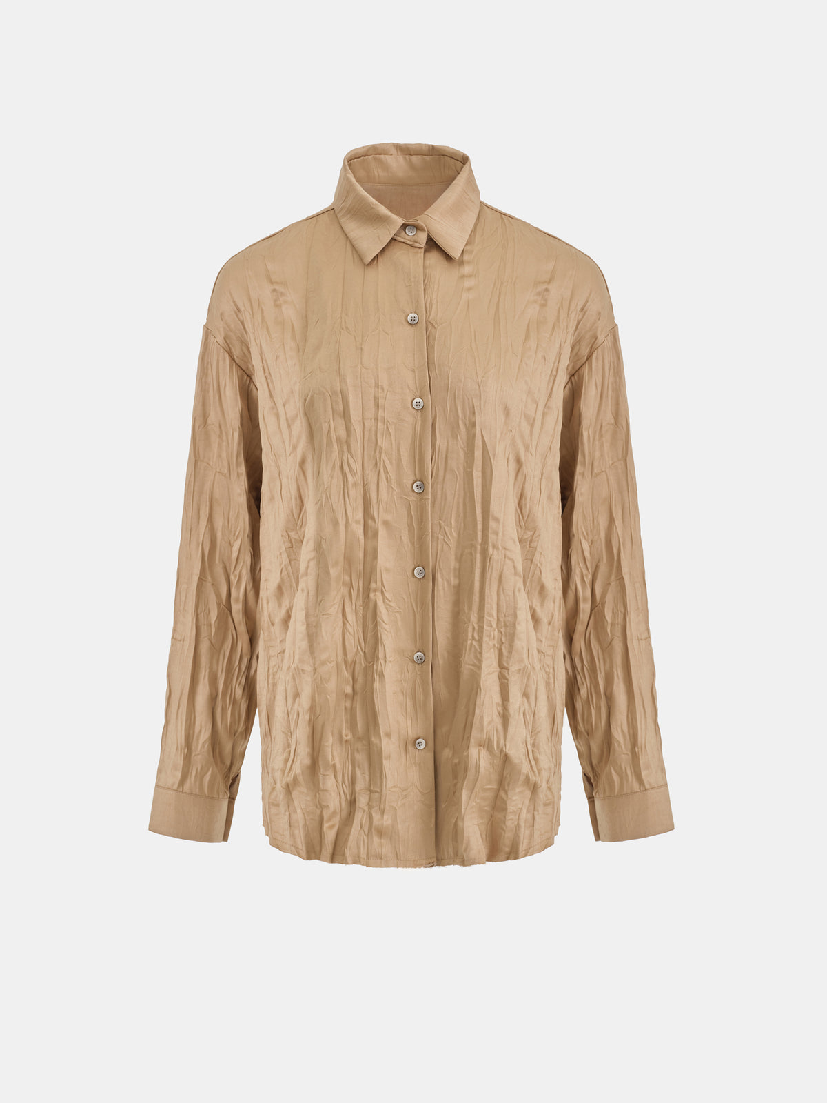 Raina Crinkled Satin Shirt, Beige