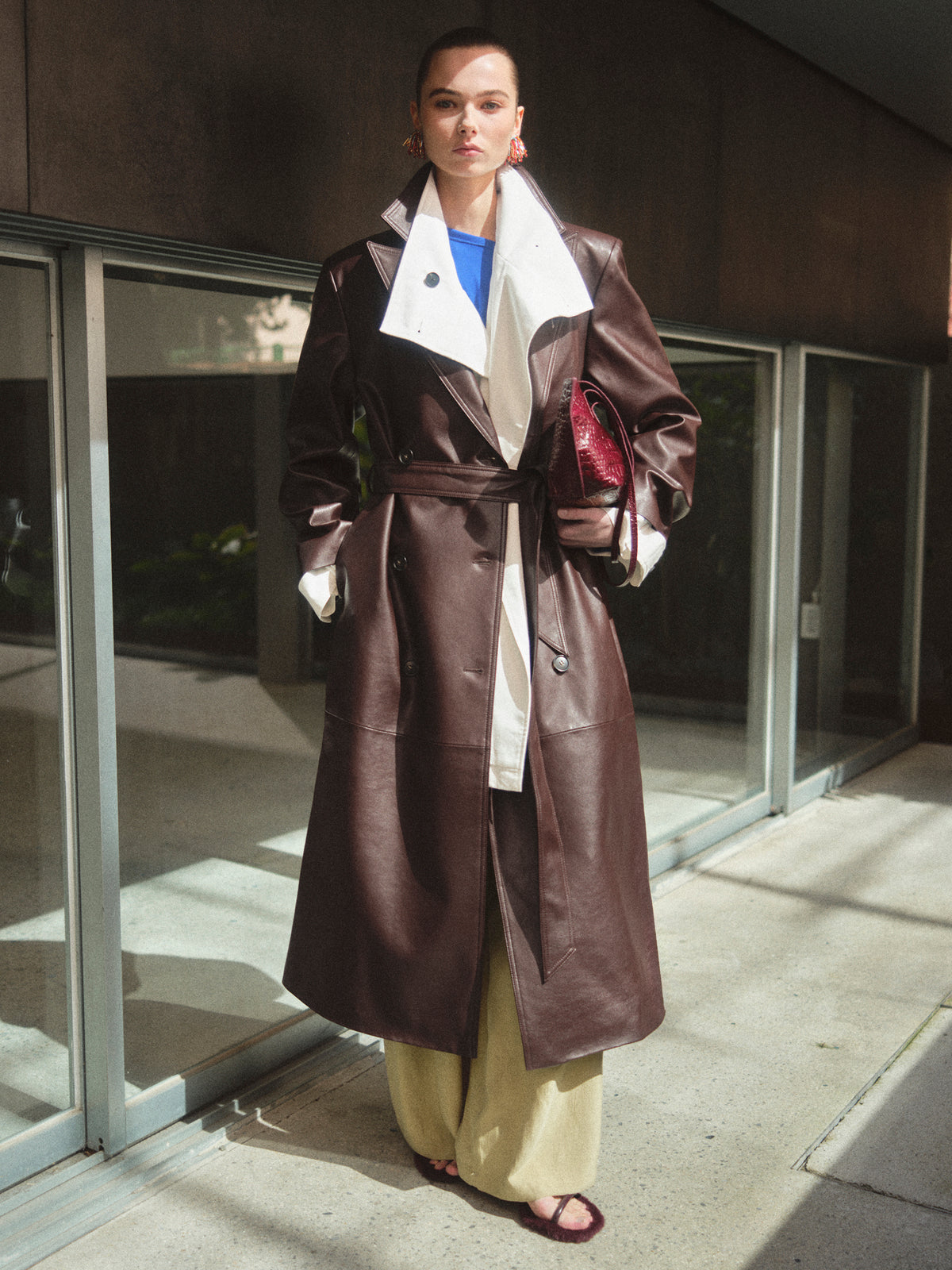 Briella Faux Leather Trench Coat, Burgundy