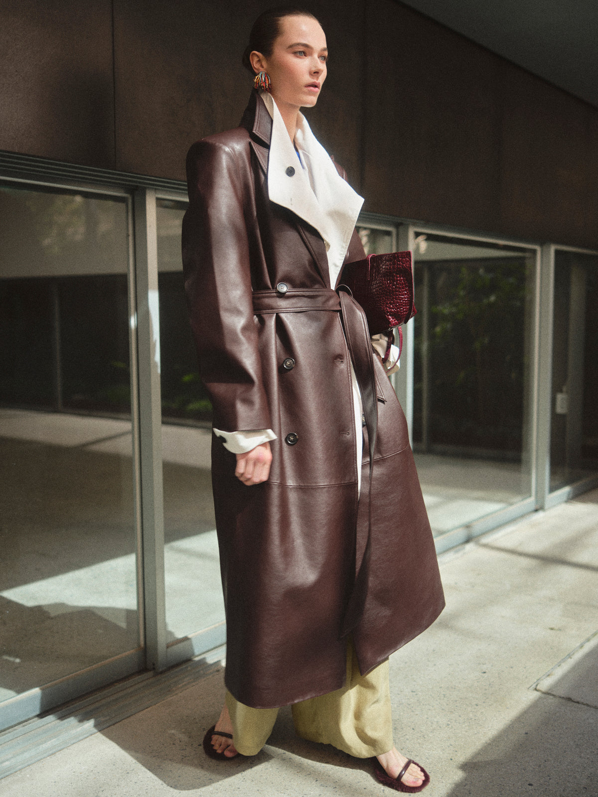 Briella Faux Leather Trench Coat, Burgundy
