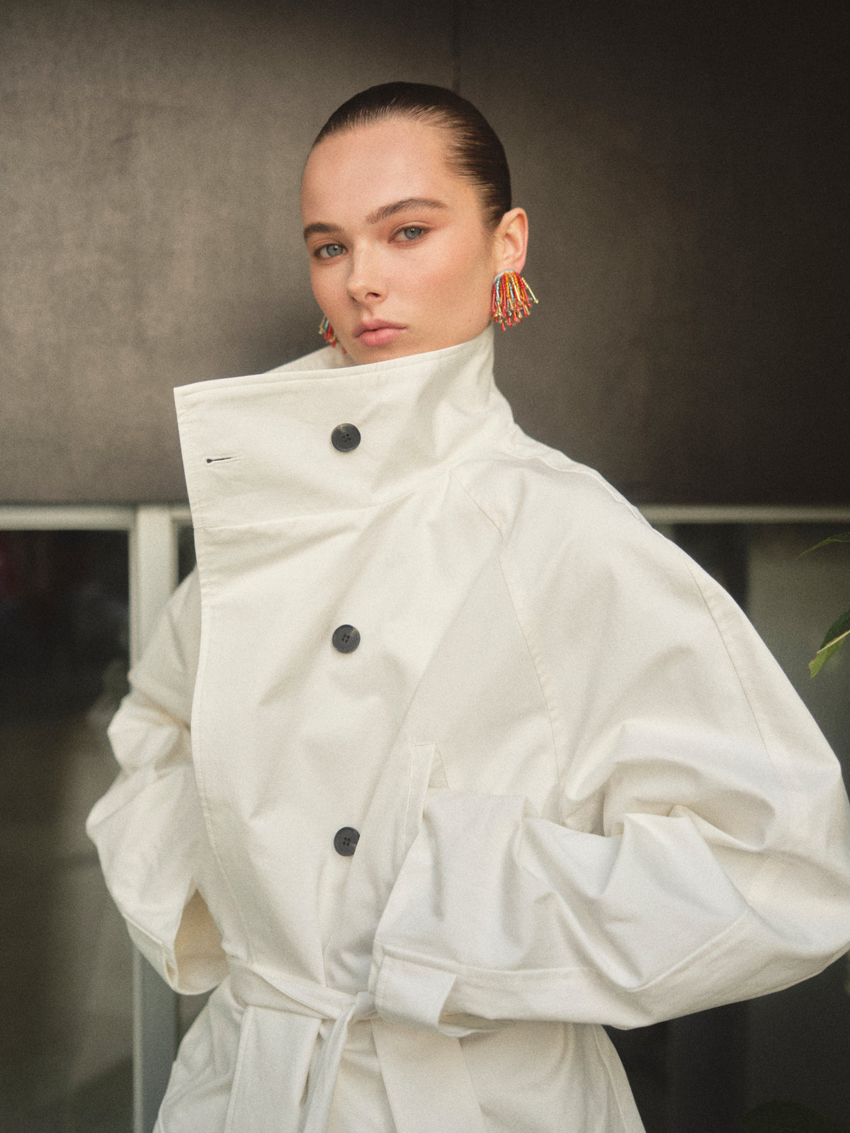 Ina High-Collar Belted Short Coat, White