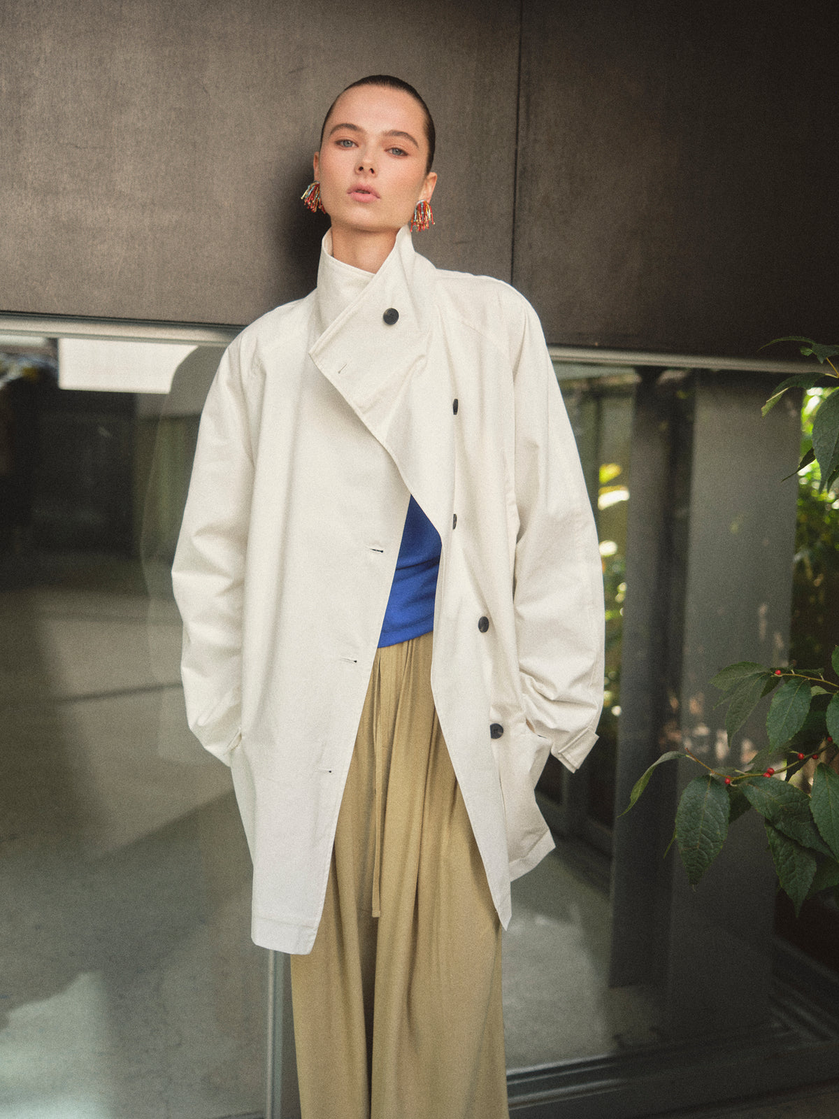 Ina High-Collar Belted Short Coat, White