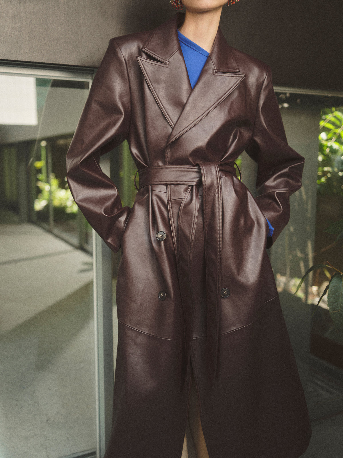 Briella Faux Leather Trench Coat, Burgundy