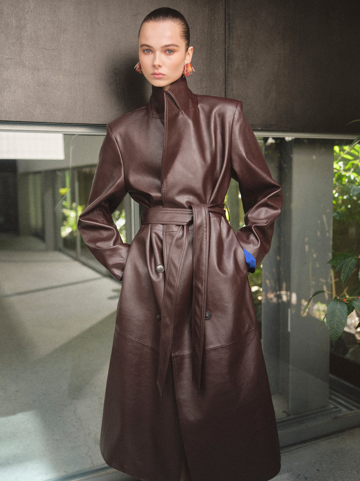 Briella Faux Leather Trench Coat, Burgundy