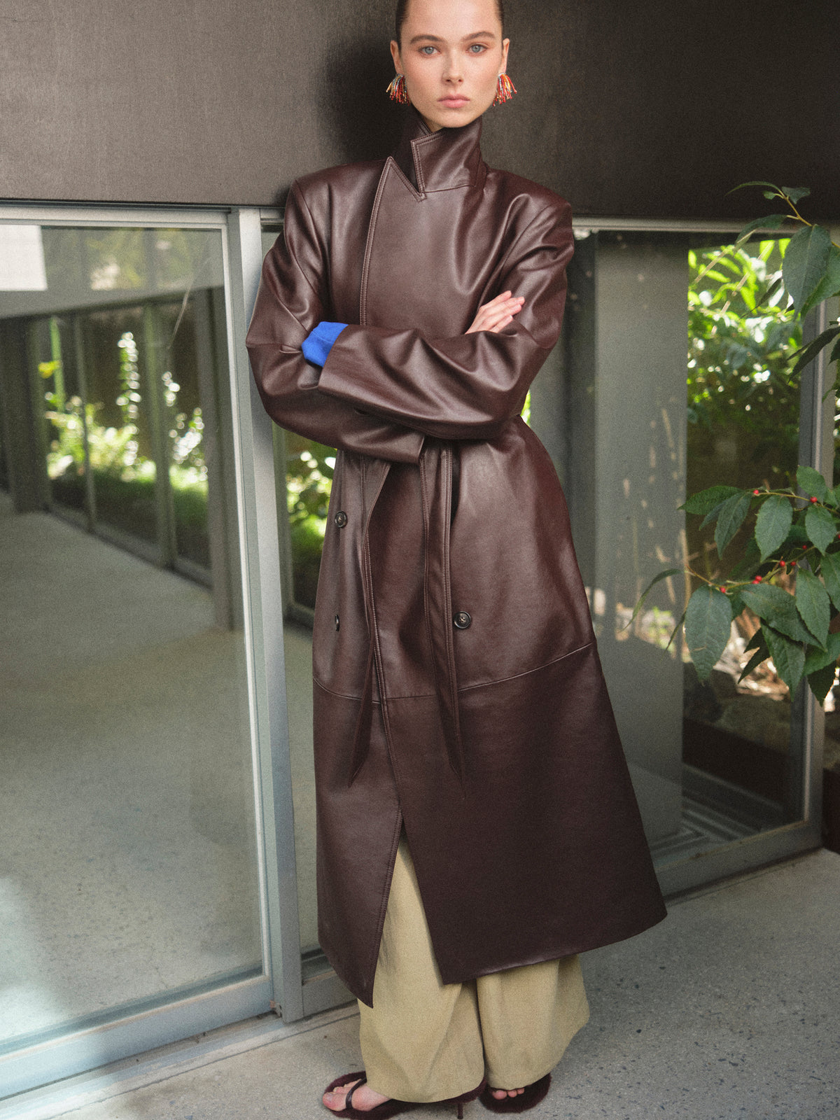 Briella Faux Leather Trench Coat, Burgundy