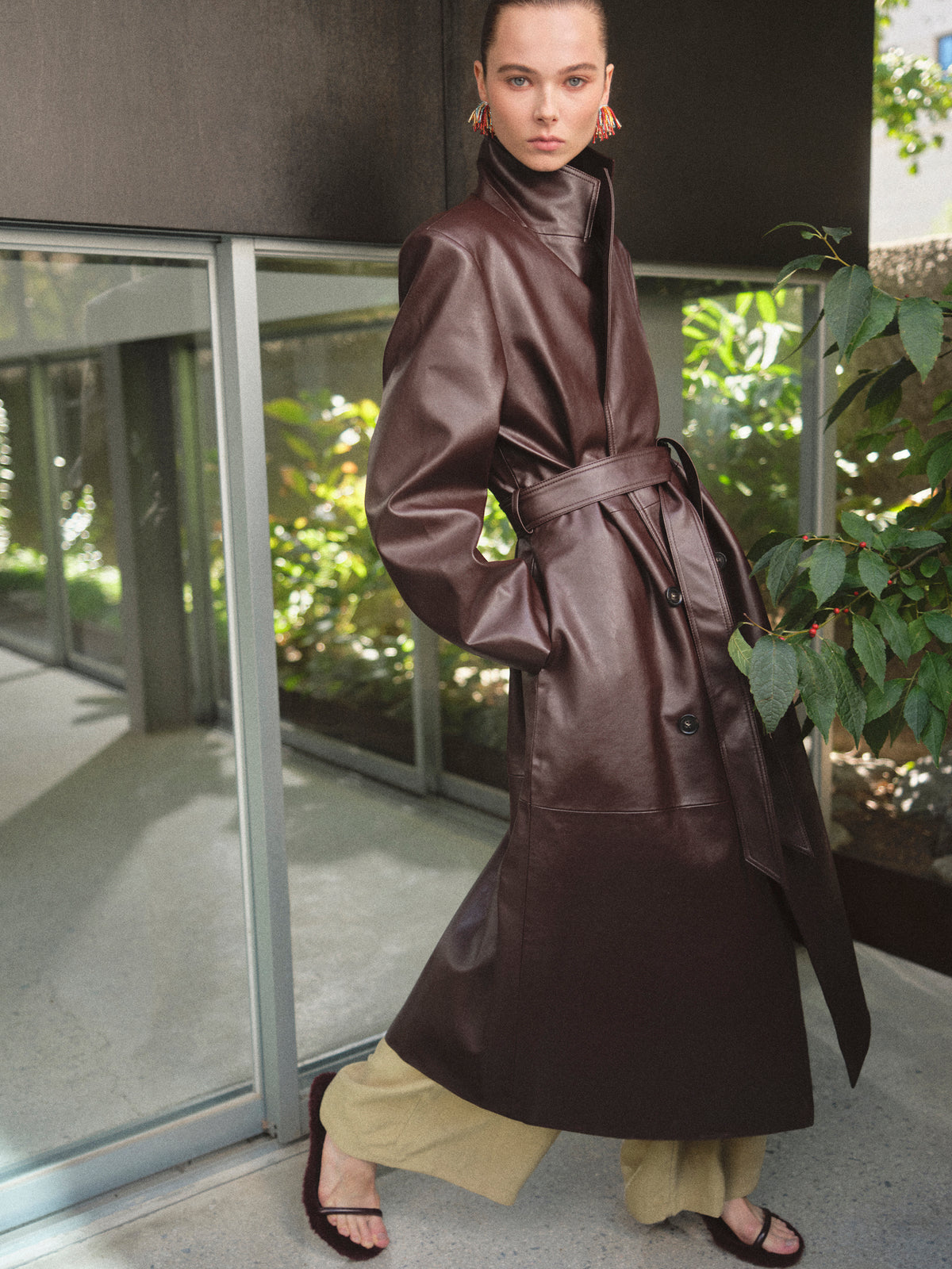 Briella Faux Leather Trench Coat, Burgundy