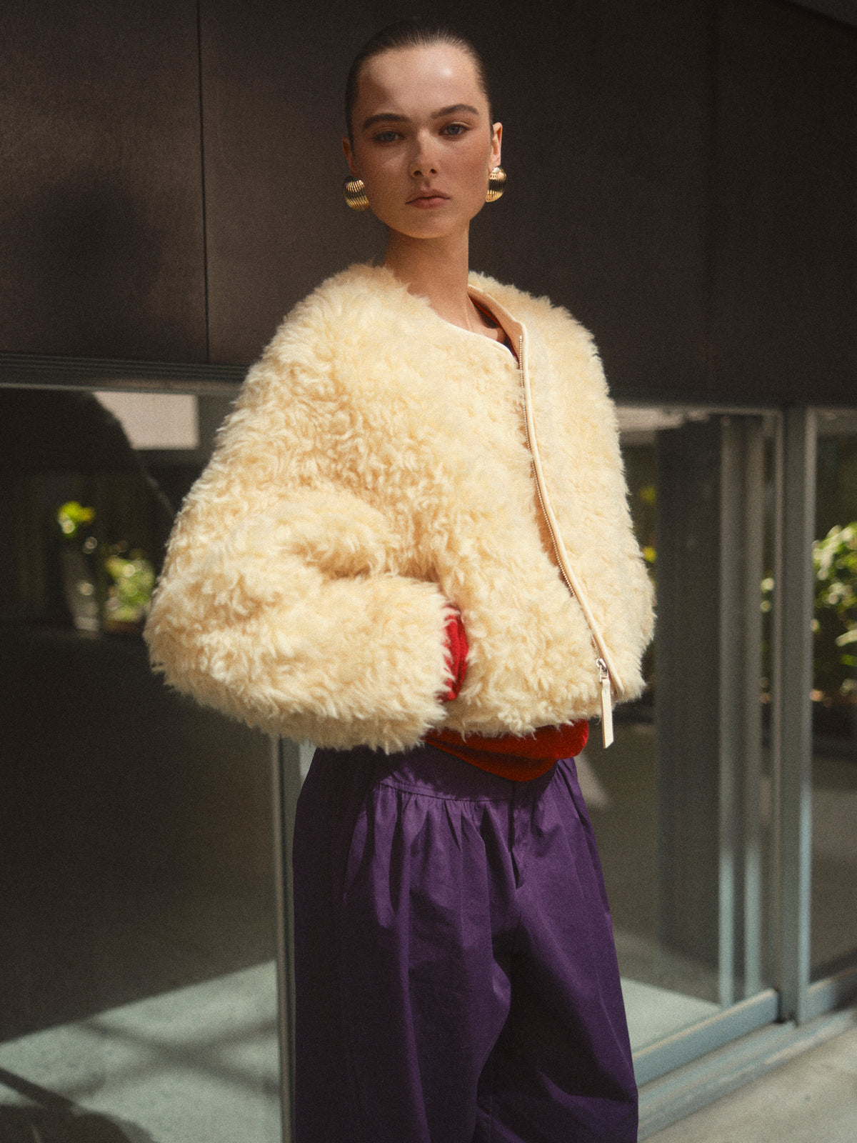 Daye Zip Shearling Jacket, Yellow