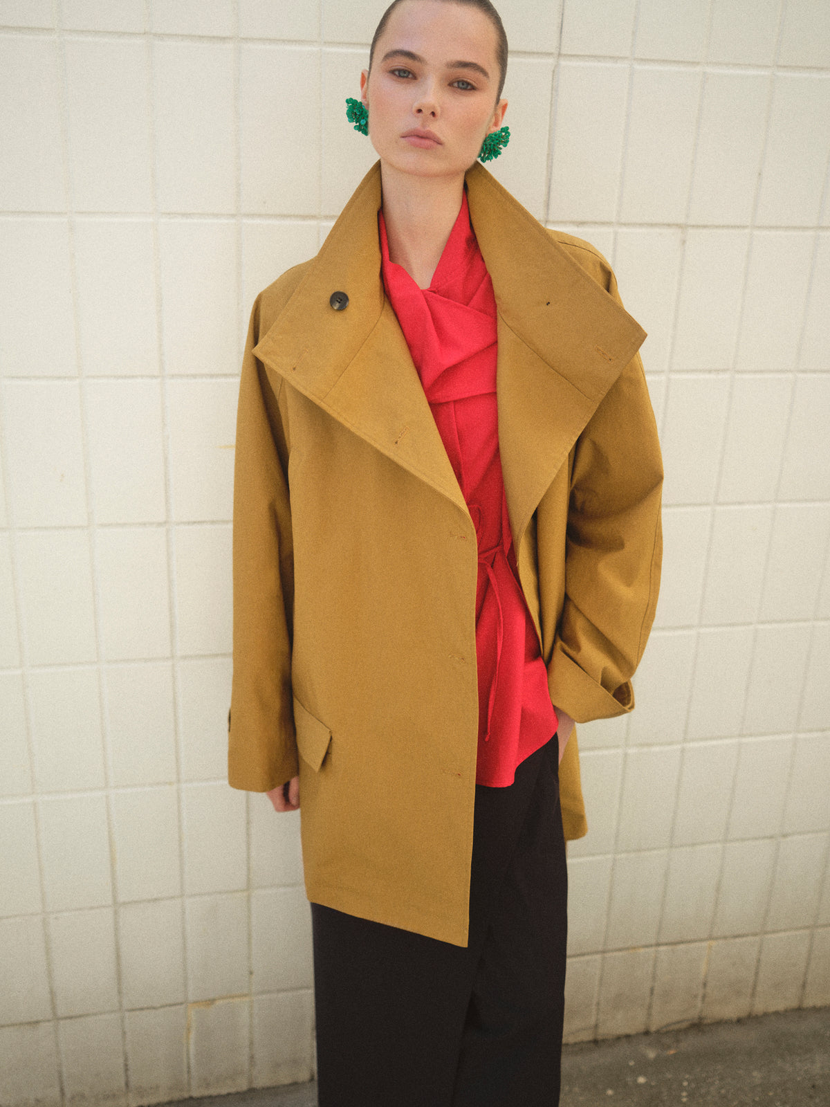 Ina High-Collar Belted Short Coat, Camel
