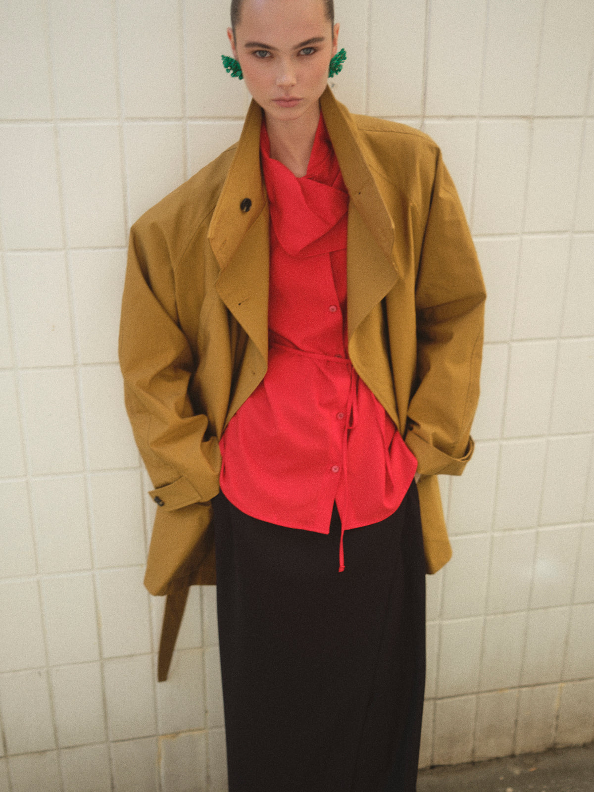 Ina High-Collar Belted Short Coat, Camel